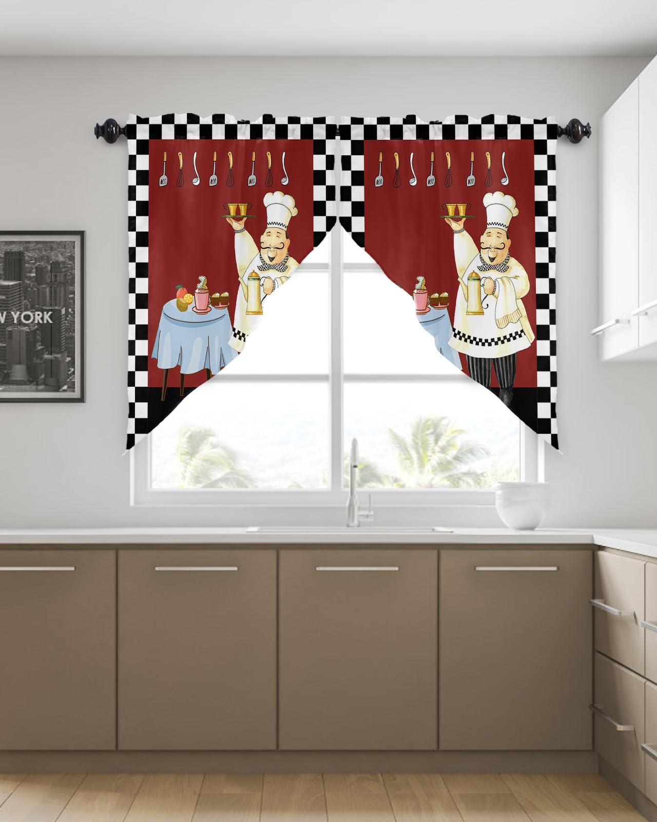 LOVE HOME DAY Cartoon Chef Swag Curtain Valance 28\"x36\" for Farmhouse Kitchen, Kitchen Gourmet and Table 2 Panels Rod Pocket Small Window Swag Valance Pair for Living Room Bathroom Black White Plaid Burgundy Red
