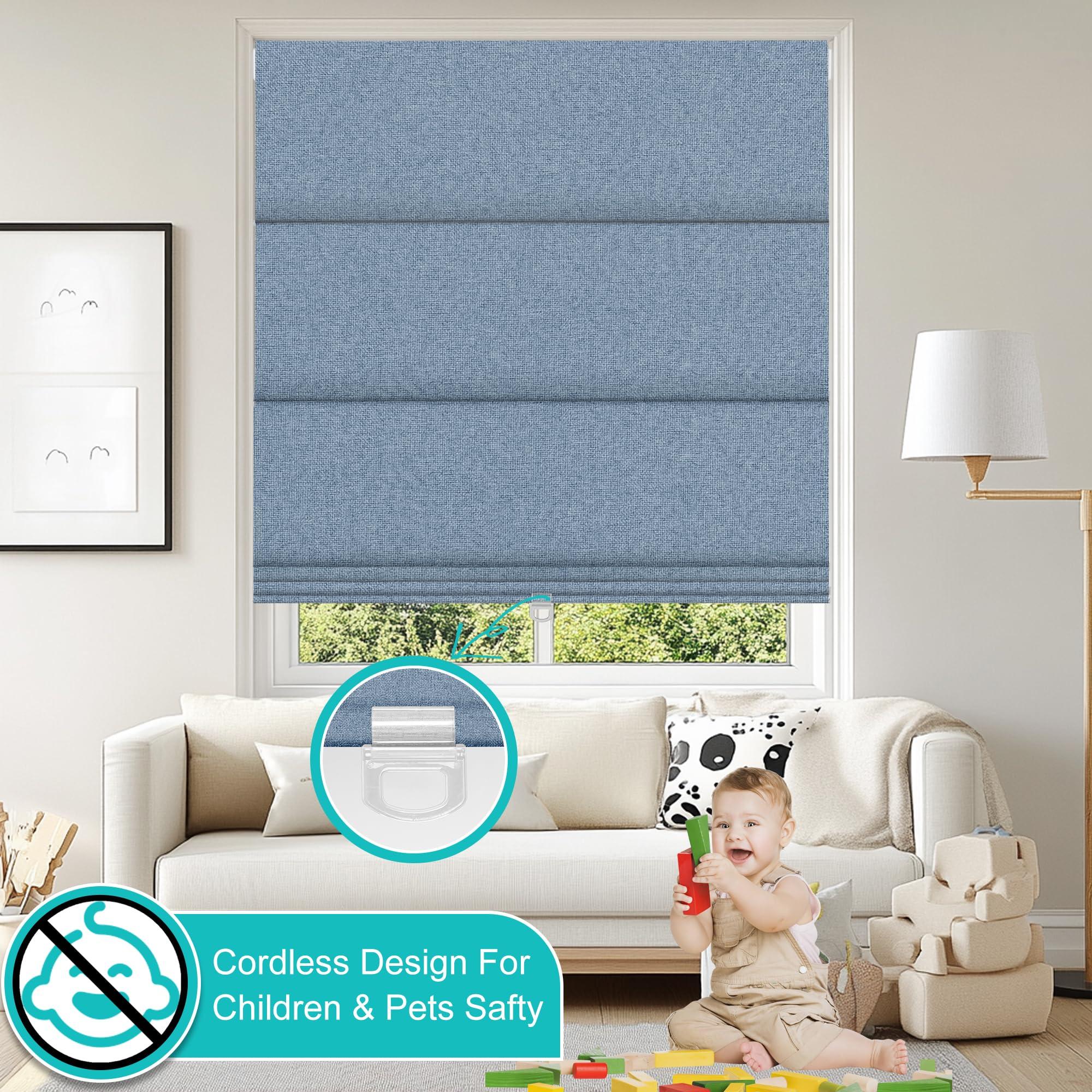 BERISSA BERISSA No Drill Cordless Roman Shades for Window, Blackout Roman Blinds Room Darkening Roll up Blinds Easy Install Linen Roman Window Shades for Inside Mount,69" W x 36" H,Jacquard Blue