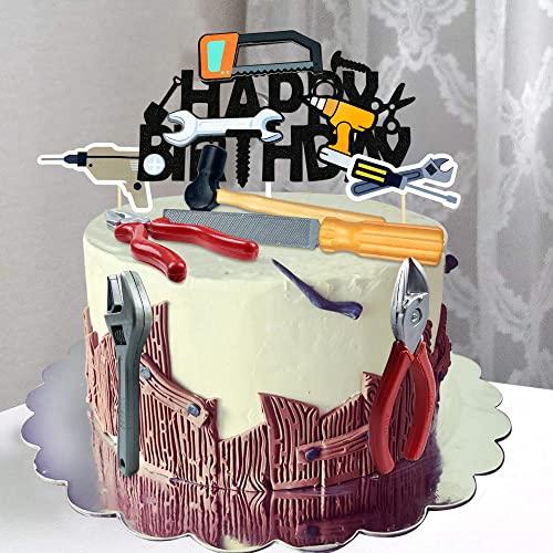 KDPATFAV 18PCS Tools Cake Topper Tools Cake Decorations Toolbox Wrench Hammer Mechanic Drill Plier Handsaw Tape Measure Screwdrivers Themed Happy Birthday Party Decor