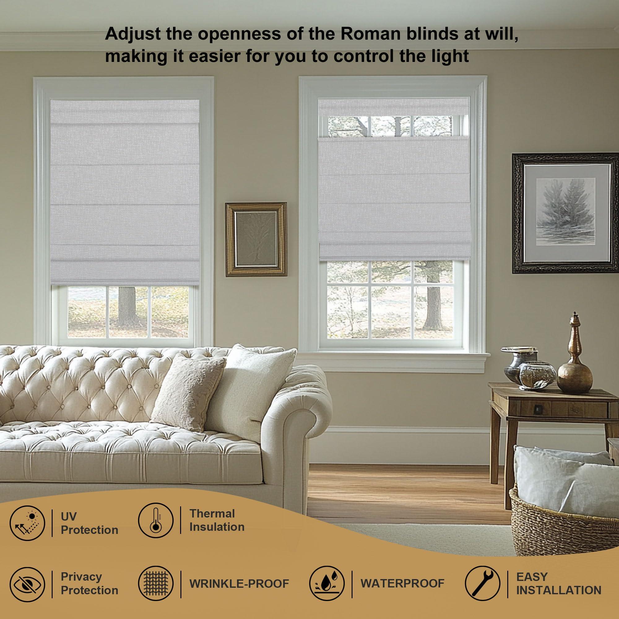 Sulugood Sulugood NO Drill NO Tools Cordless Roman Shades for Interior Windows, Top Down Bottom Up Roman Window Shade, Custom Blackout Linen Roman Window Blinds(32" W x 48" H) Blackout White Gray