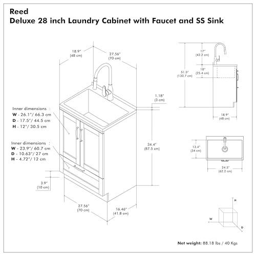 SIMPLIHOME SIMPLIHOME Reed All-in-One Utility Sink & Cabinet in Pure White, 28-inch, Laundry Cabinet with Stainless Steel Sink, Pull-out Faucet, Storage Drawer for Laundry Room