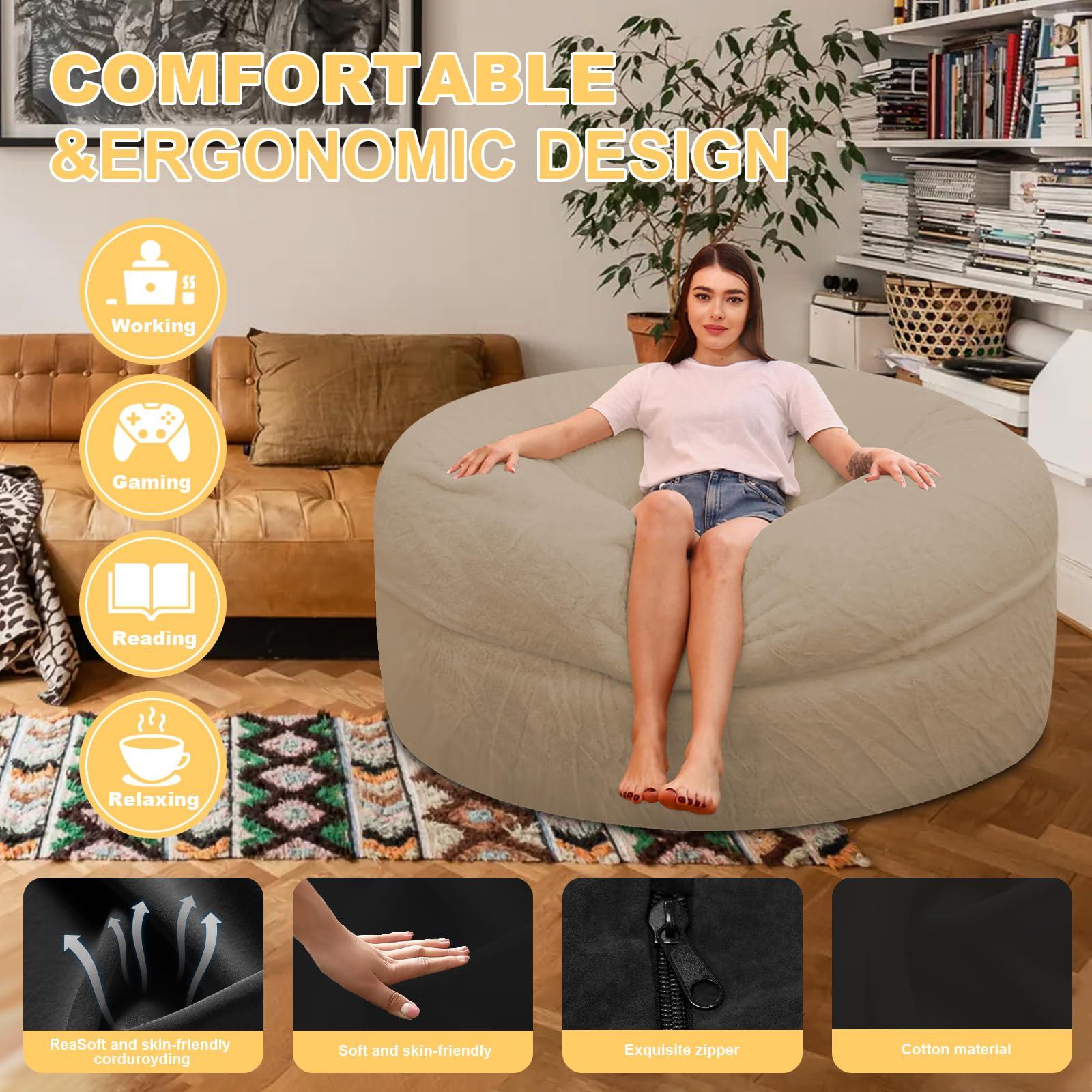 JZGYDD Bean Bag Chair with Filler, Giant Memory Foam Bean Bag Chair, Comfy Bean Bag Chair for Adults/Teens Round bean bag fluffy for Living Room Bedroom (light khaki,5ft)