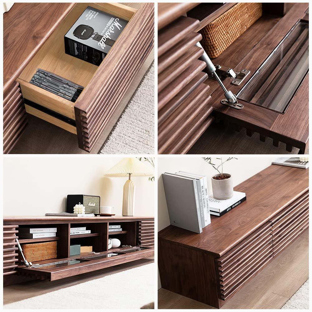 POVISON POVISON Wood Media Console, 70\'\' Mid-century Modern TV Stand with Storage, Assembly-Free Slatted TV Cabinet with Customized Compartments & Solid Pinewood Drawer