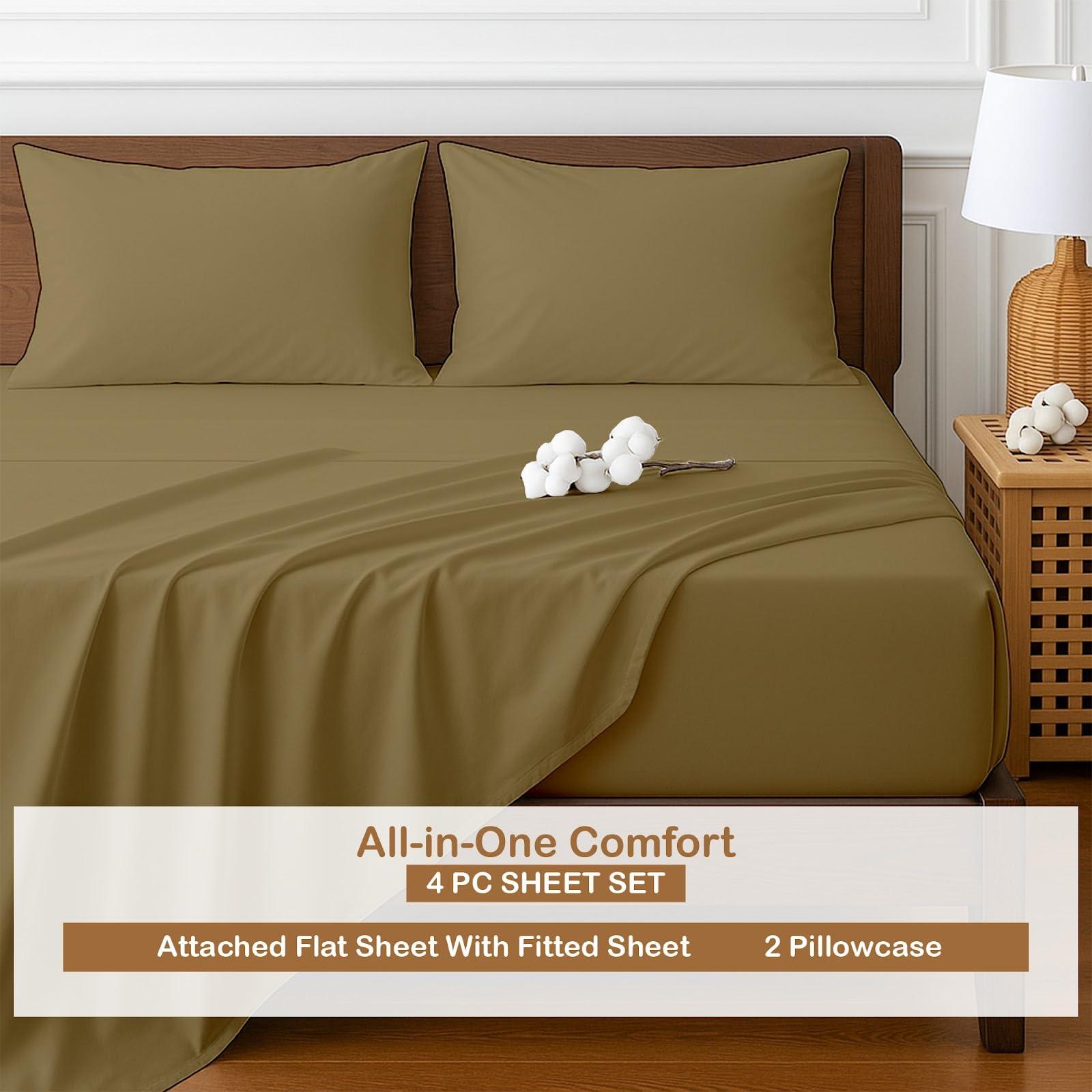 ARlinen Waterbed Sheets Queen Size 600 Thread Count 100% Cotton 21 Inches -Deep Pockets- Attached Waterbed Sheet Set- 4 Piece - Hotel Luxury Bed - Extra Soft -Taupe Solid Bed Sheets -Queen Waterbed Sheet