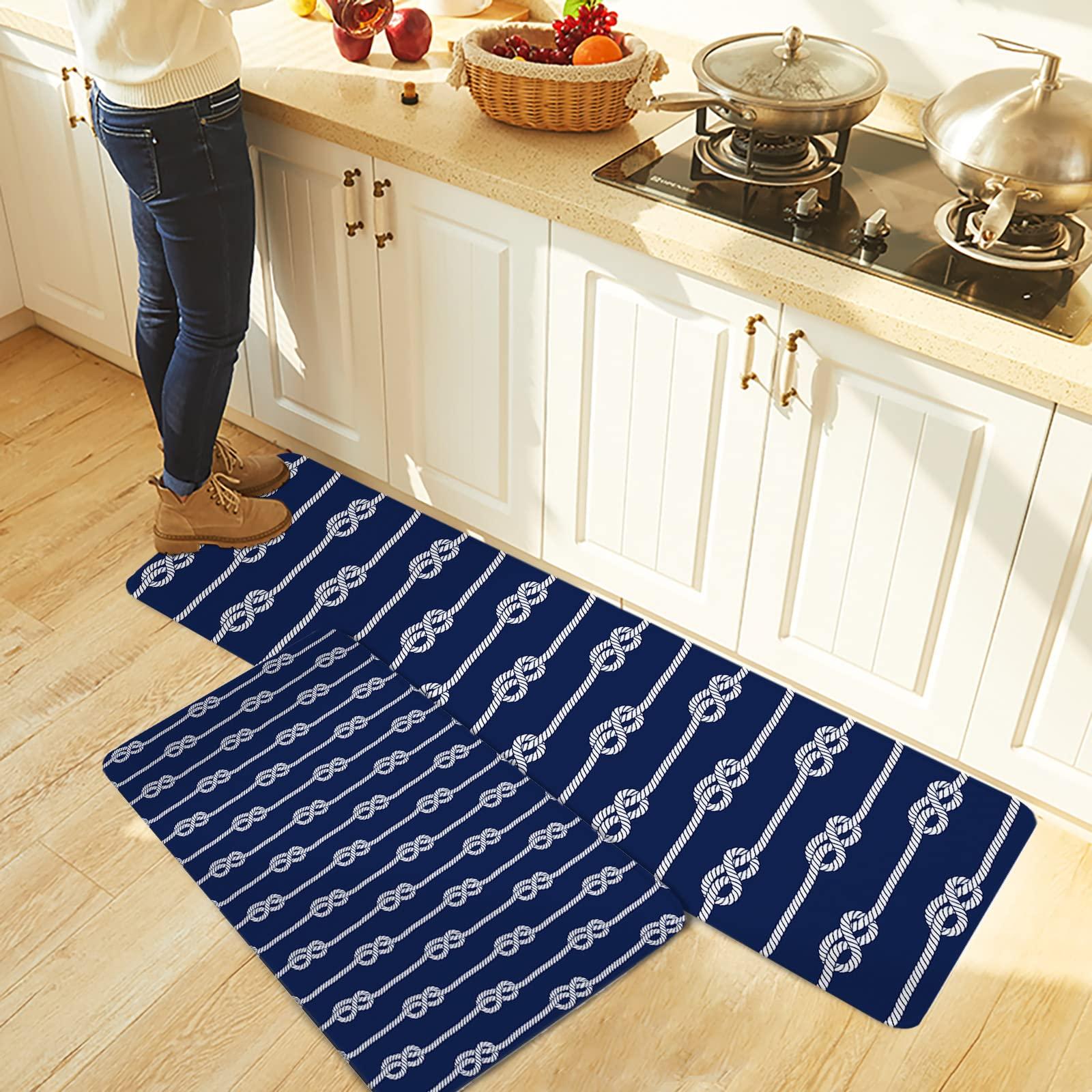 BOBOWUNY Nautical Knot Kitchen Mats and Rugs Set of 2, Ocean Beach Sailboat Navy Blue Washable Absorbent Kitchen Runner Rug Carpet Anti-Fatigue Comfort Mat for Bathroom Laundry 20x32+20x63
