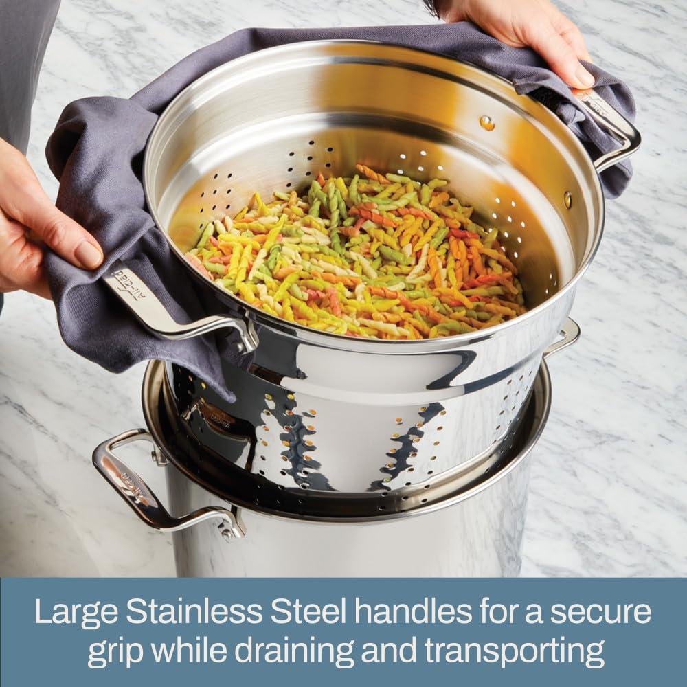 All-Clad All-Clad Specialty Stainless Steel Stockpot, Multi-Pot with Strainer 3 Piece, 6 Quart Induction Oven Broiler Safe 500F Strainer, Pasta Strainer with Handle, Pots and Pans Silver