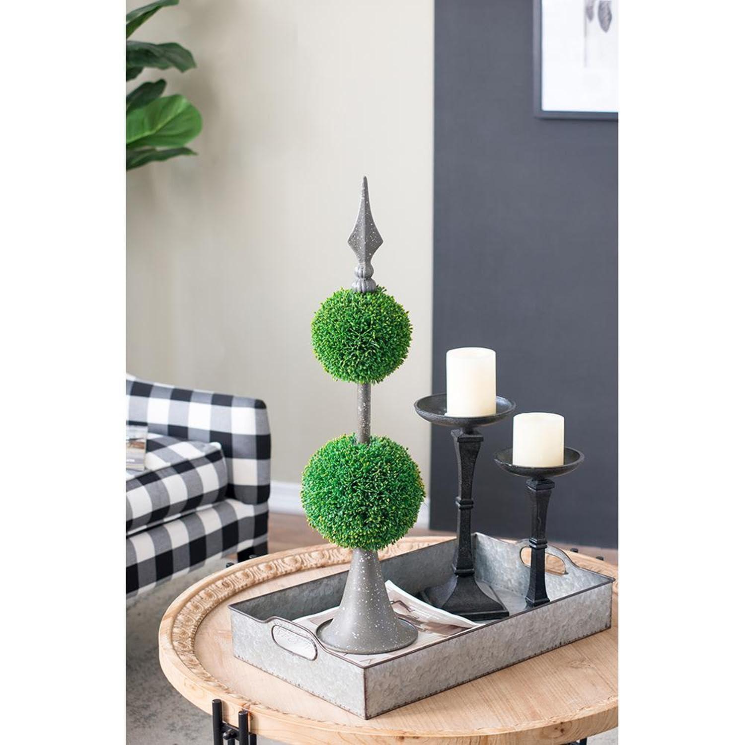 T2 CONCEPT T2 CONCEPT 26 Tall Artificial Two Tiered Boxwood Topiary on Artistic Metal Spire, Faux Greenery, Home Decor Botanical Accent, for Living Room, Entryway, Porch