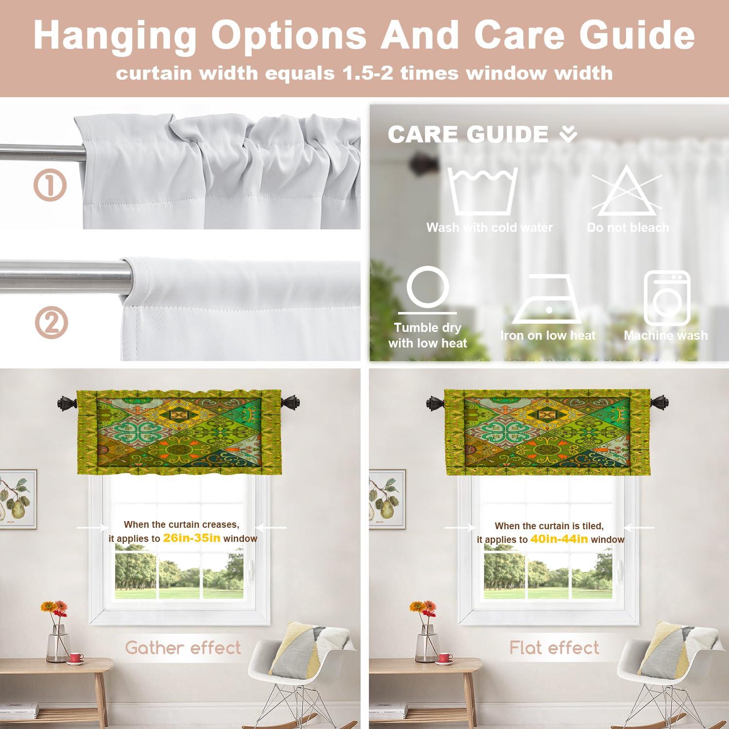 Shrahala Shrahala Olive Green Mexican Pattern with Tiles Kitchen Valances, Abstract Half Window Curtain Window Treatment Multilayer Polyester Blackout for Living Room Bathroom 2 Pack 52 x 16 in