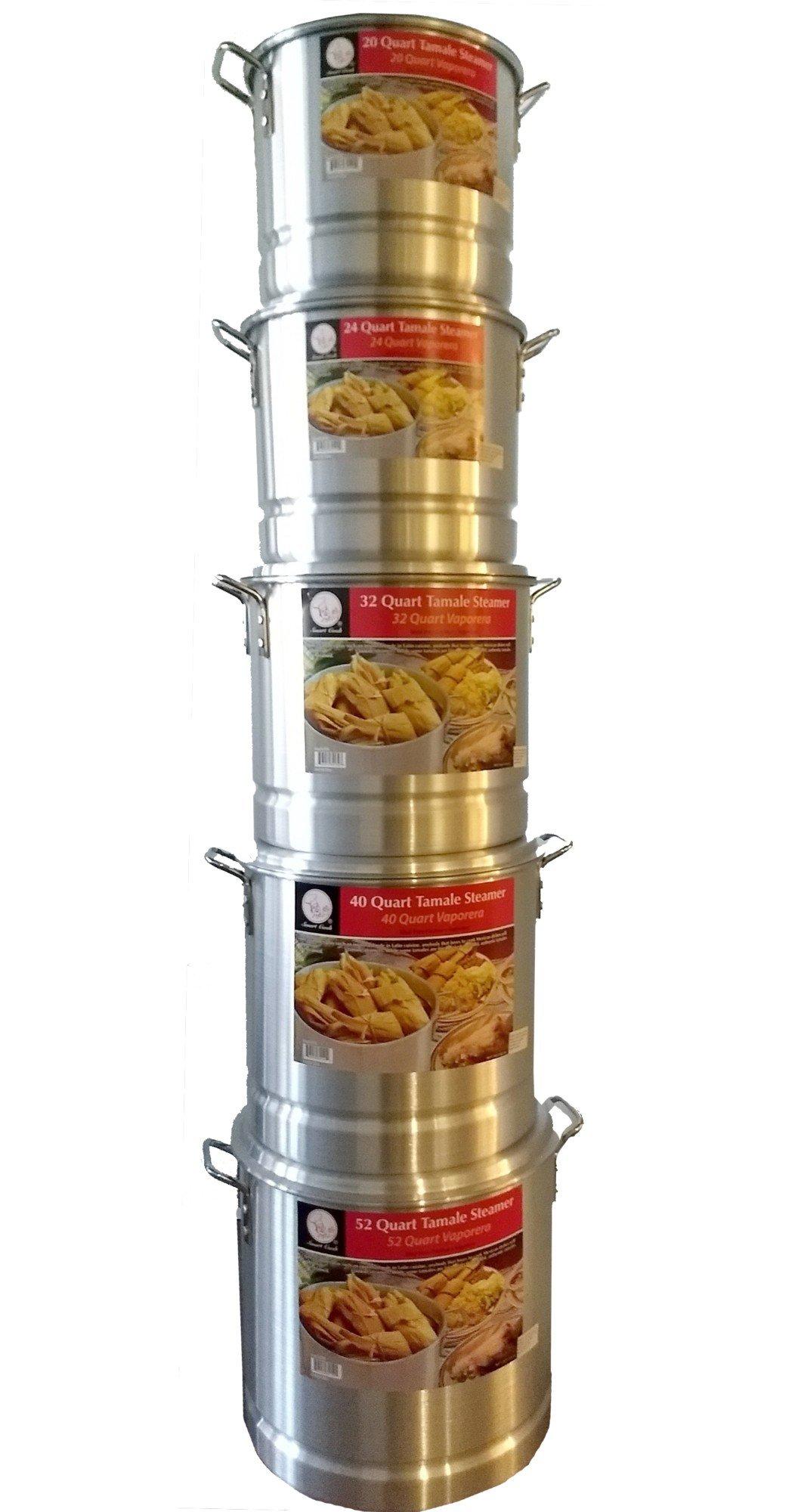 Smart Cook Tamale Steamer Vaporera Stock Pot Aluminum Tamale/Steamer 1 Set of 52 quart + 40 quart +32 quart + 24 quart +20 quart with steamer inserts and lids.