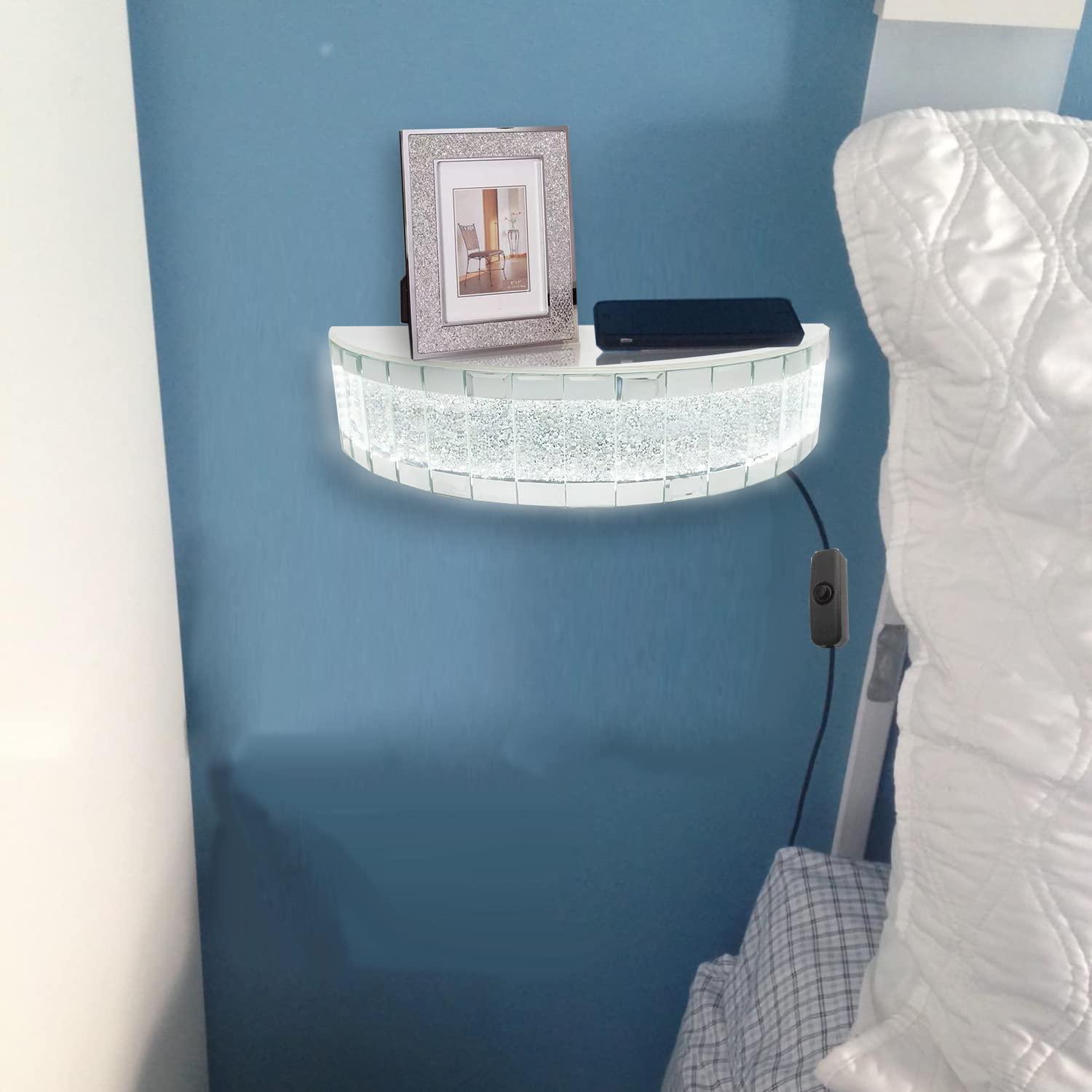 TACIDON TACIDON Glowing Mirrored Floating Wall Shelf. Sparkling Crystal Crush Diamond Mirrored Shelf. Mirror Floating Shelves for Wall Decor. Suitable for Bedroom, Bathroom or Living Room.(15.2x6.2x3)