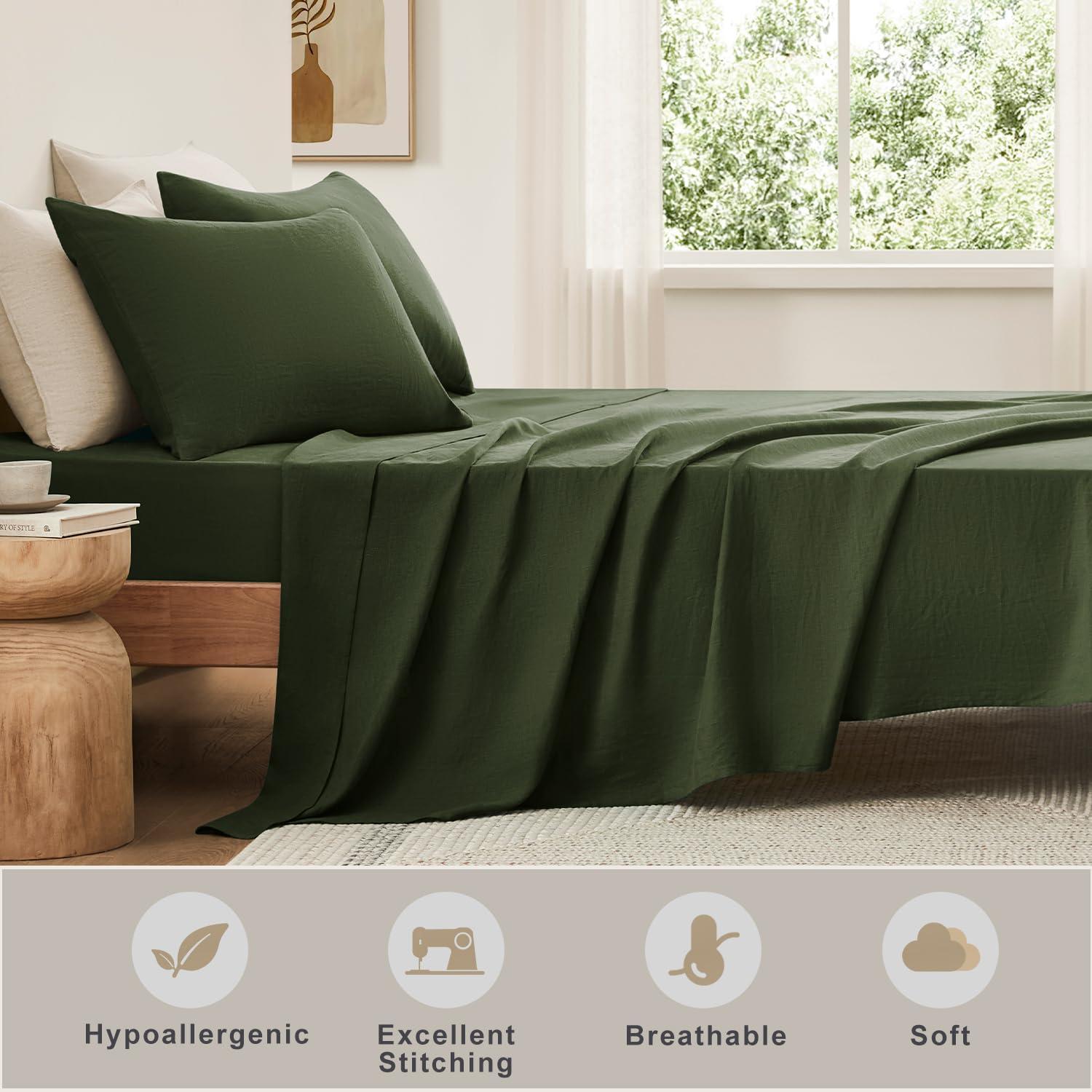 TOSMO TOSMO Pure Linen Sheets Set, 100% French Natural Linen Flax Bedding 4pc Set (Queen, 1 Flat Sheet, 1 Fitted Sheet, 2 Pillowcases) - Forest Green