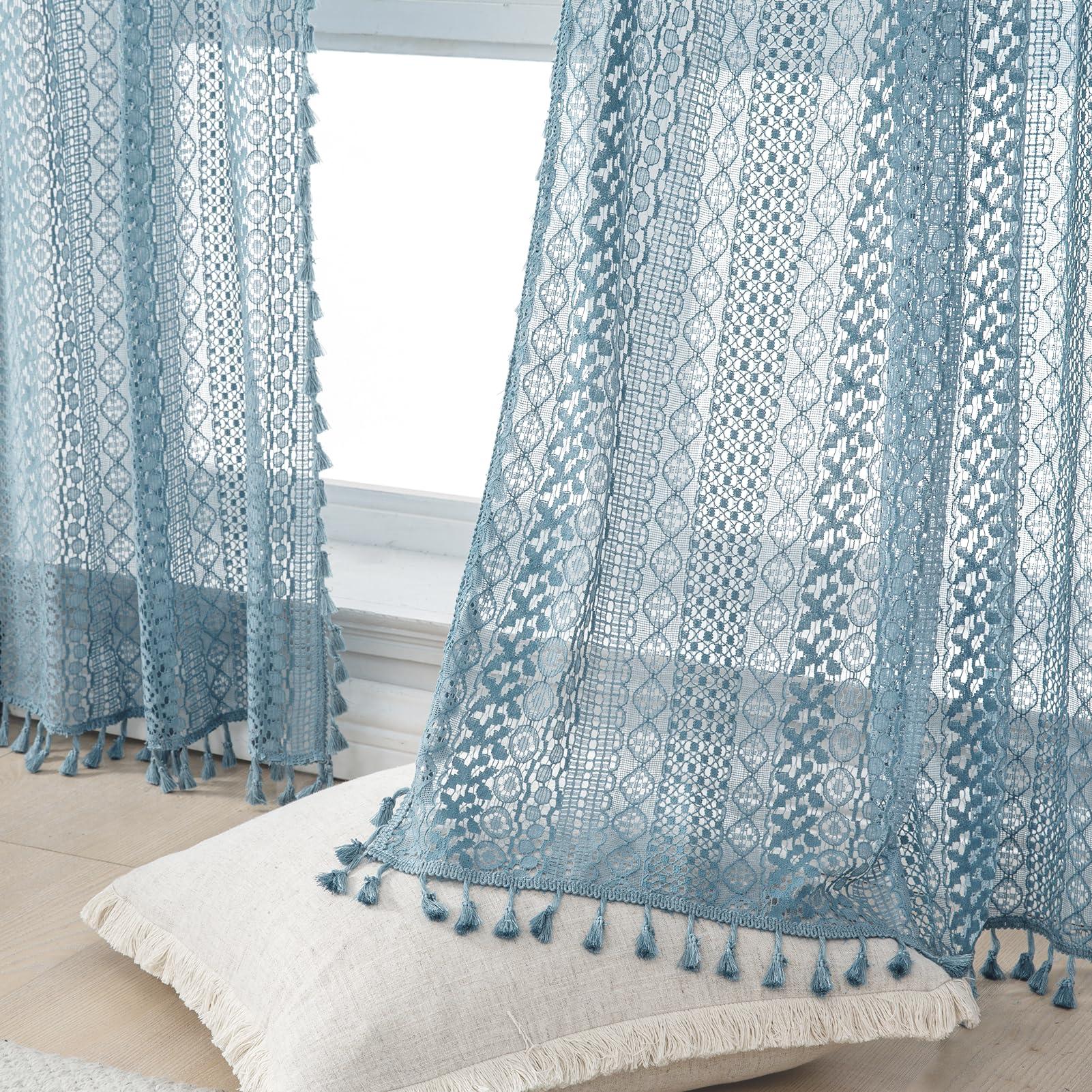 WAZZIO WAZZIO Light Blue Sheer Curtains 84 Inches Long 2 Panels Sheer Lace Pale Blue Curtains for Bedroom Living Room Rod Pocket Tassel Cotton Boho Crochet Curtains Light Filtering Privacy Drapes,Stone Blue