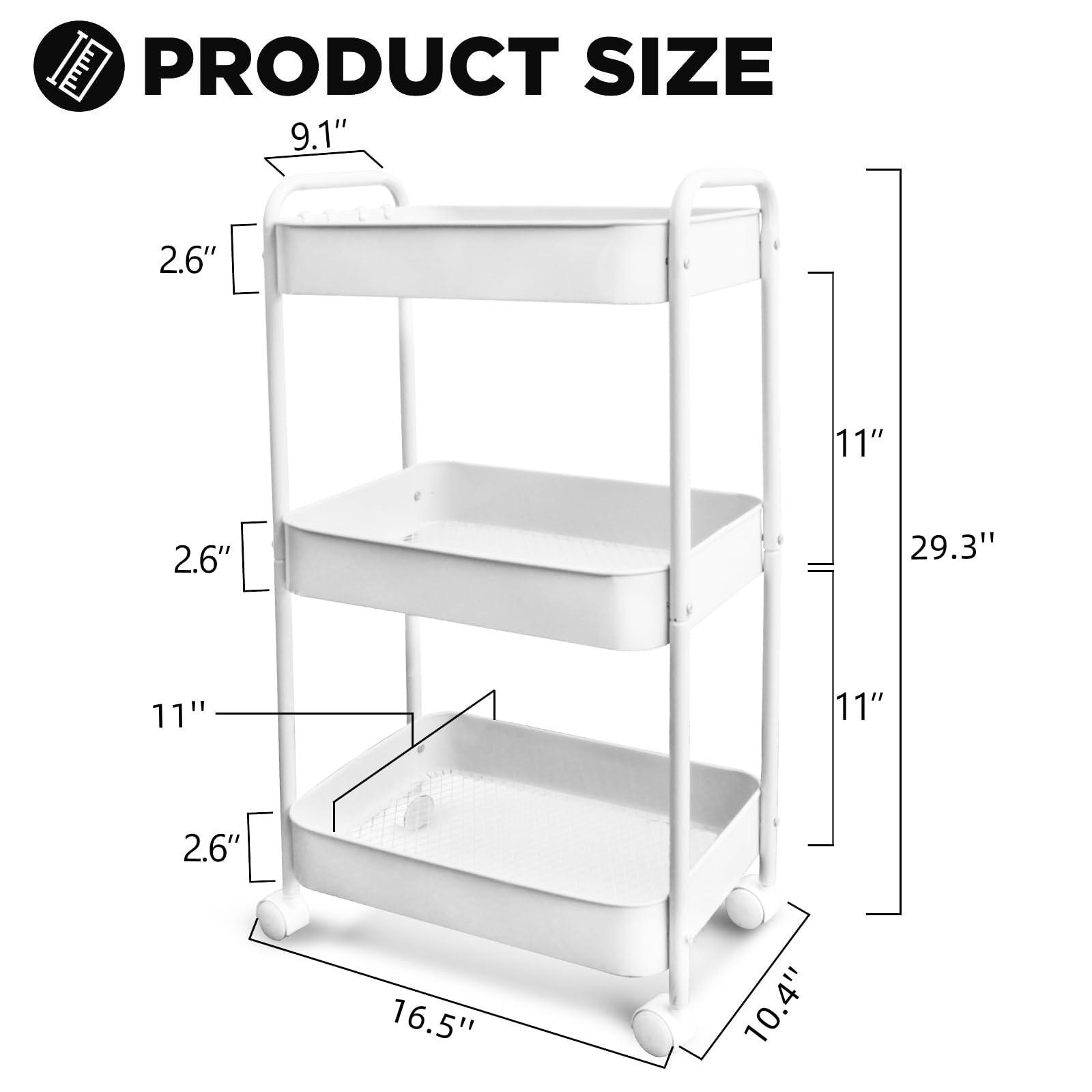 Ufriandz Ufriandz Metal Utility Cart with Wheels, Three Tier Rolling Cart Storage Organizer Trolley with Handle, Heavy Duty Mobile Shelving Units for Kitchen Home Laundry Office Art Bedroom Salon, White