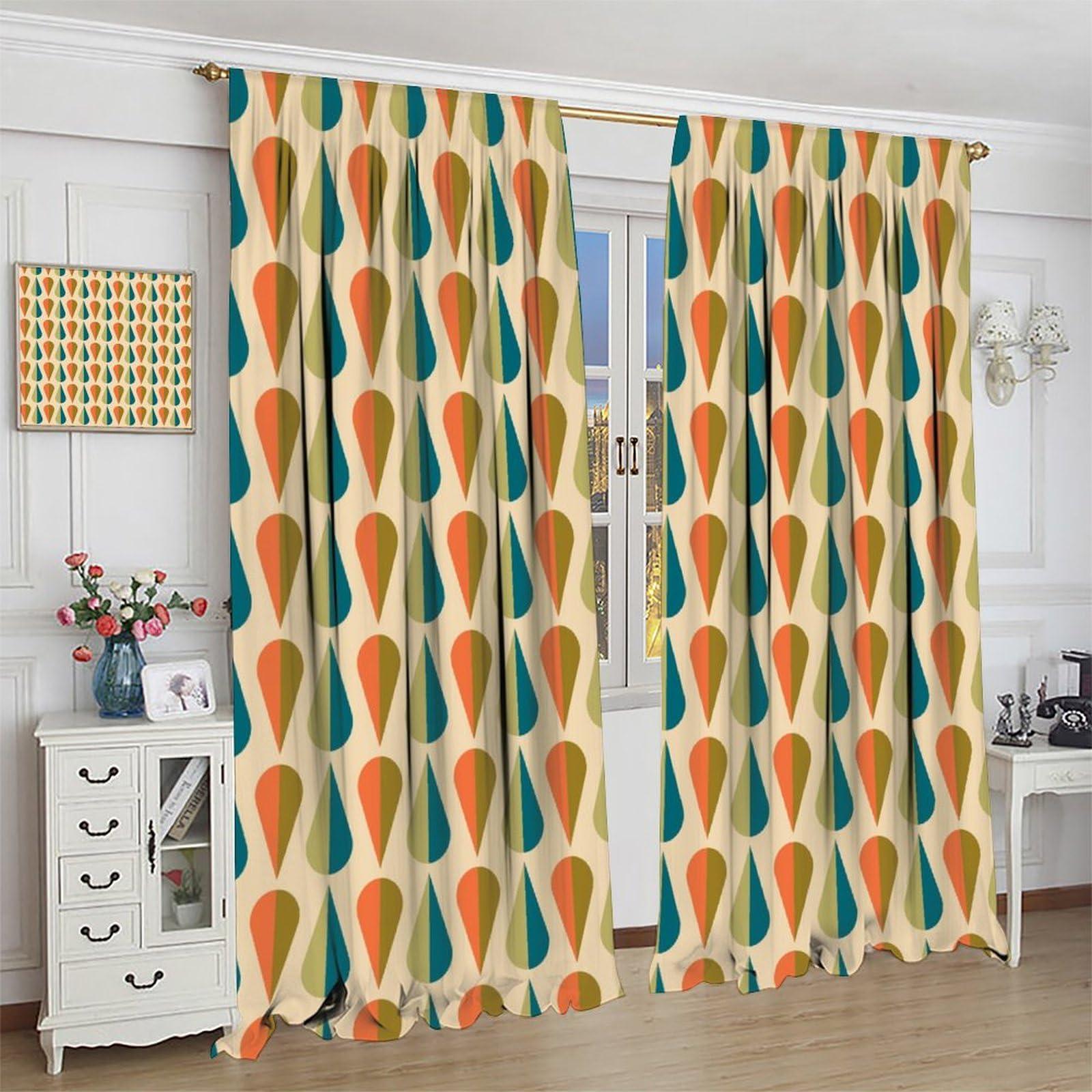 lovelockring Mid Century Curtains, Retro 50s 60s Minimalist Geometric Drop Pattern Blue Green Orange Print Window Drapes for Living Room Bedroom, 42" W X 63" L