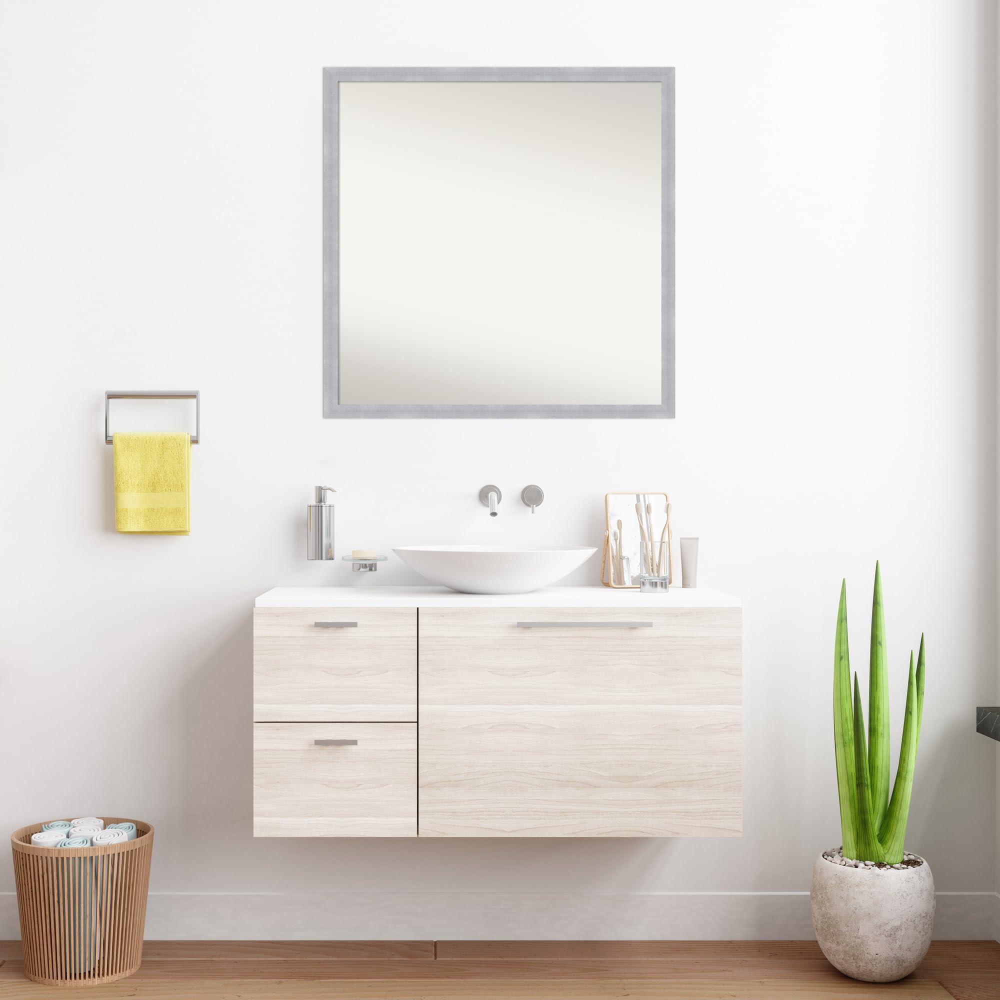 Amanti Art Amanti Art Custom Mirror, Grace Brushed Nickel Narrow Bathroom Mirror, Wall Mirror or Bathroom Vanity Mirror Over Sink (30 x 30 in.) Non-Beveled Mirror, Silver Mirror, Modern Mirror from WI, USA