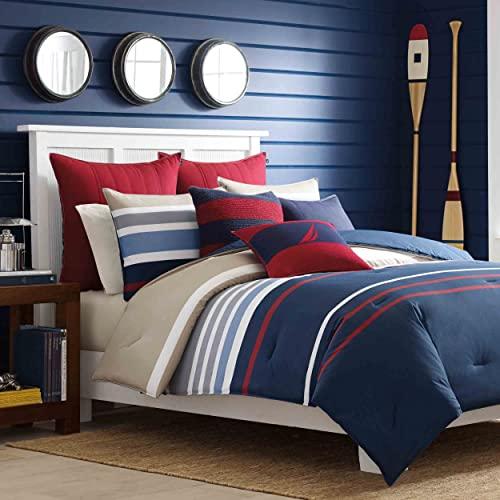 Nautica Nautica - Queen Comforter Set, Cotton Reversible Bedding with Matching Shams, Stylish Home Decor (Bradford Navy/Kahki, Queen)