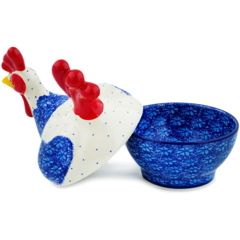 Polmedia Polish Pottery Polish Pottery 8-inch Hen Shaped Jar made by Ceramika Artystyczna (Deep Into The Blue Sea Theme) + Certificate of Authenticity