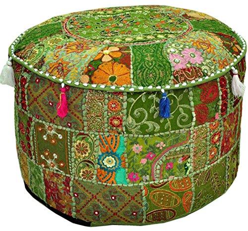 Sophia-Art Indian Embroidered Patchwork Ottoman Cover,Traditional Indian Decorative Pouf Ottoman,Indian Comfortable Floor Cotton Cushion Ottoman Pouf,Indian Designs Ethnic Patchwork Pouf 18X13 inch (Green)