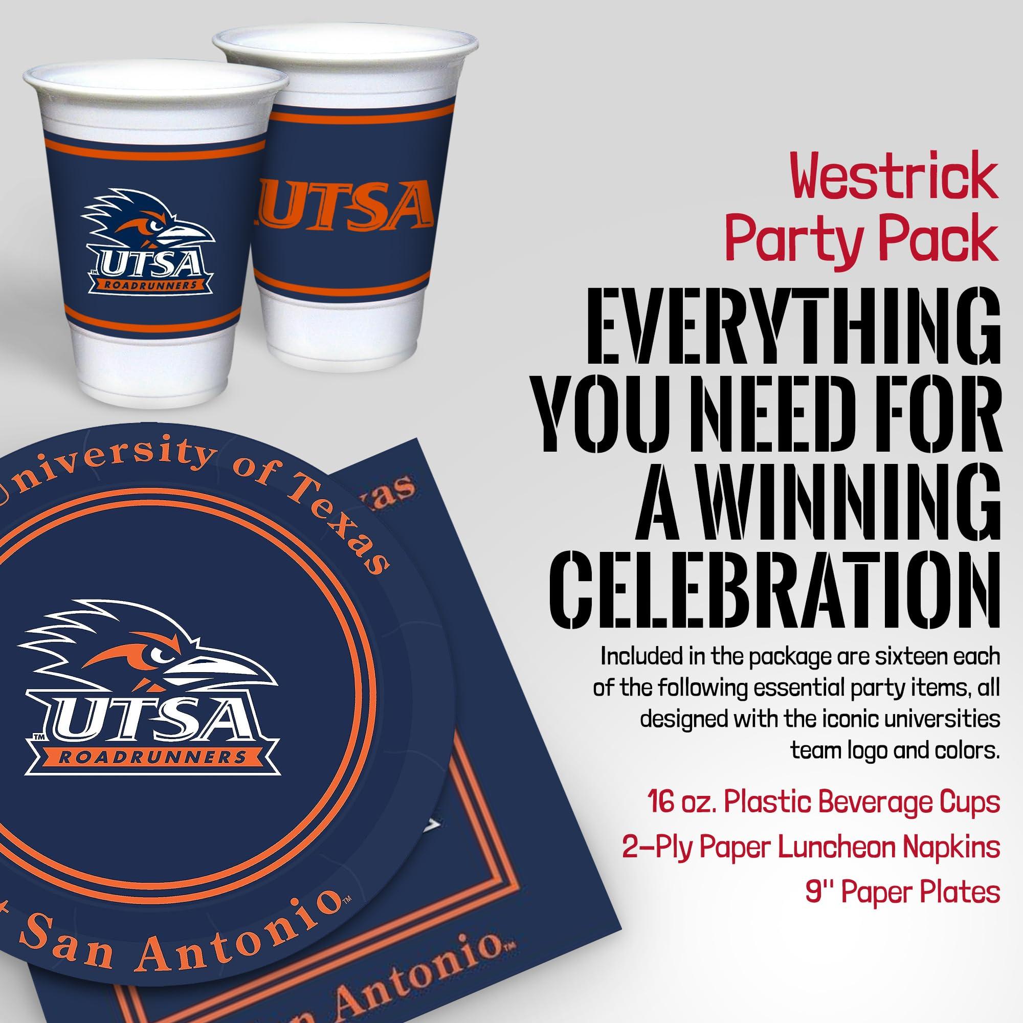 Westrick UTSA Roadrunners Party Supplies 48 Piece Officially Licensed University Set: 16 oz. Plastic Beverage Cups, 9\" Paper Plates, Luncheon Napkins, Complete Party Supplies for 16 Guests by Westrick