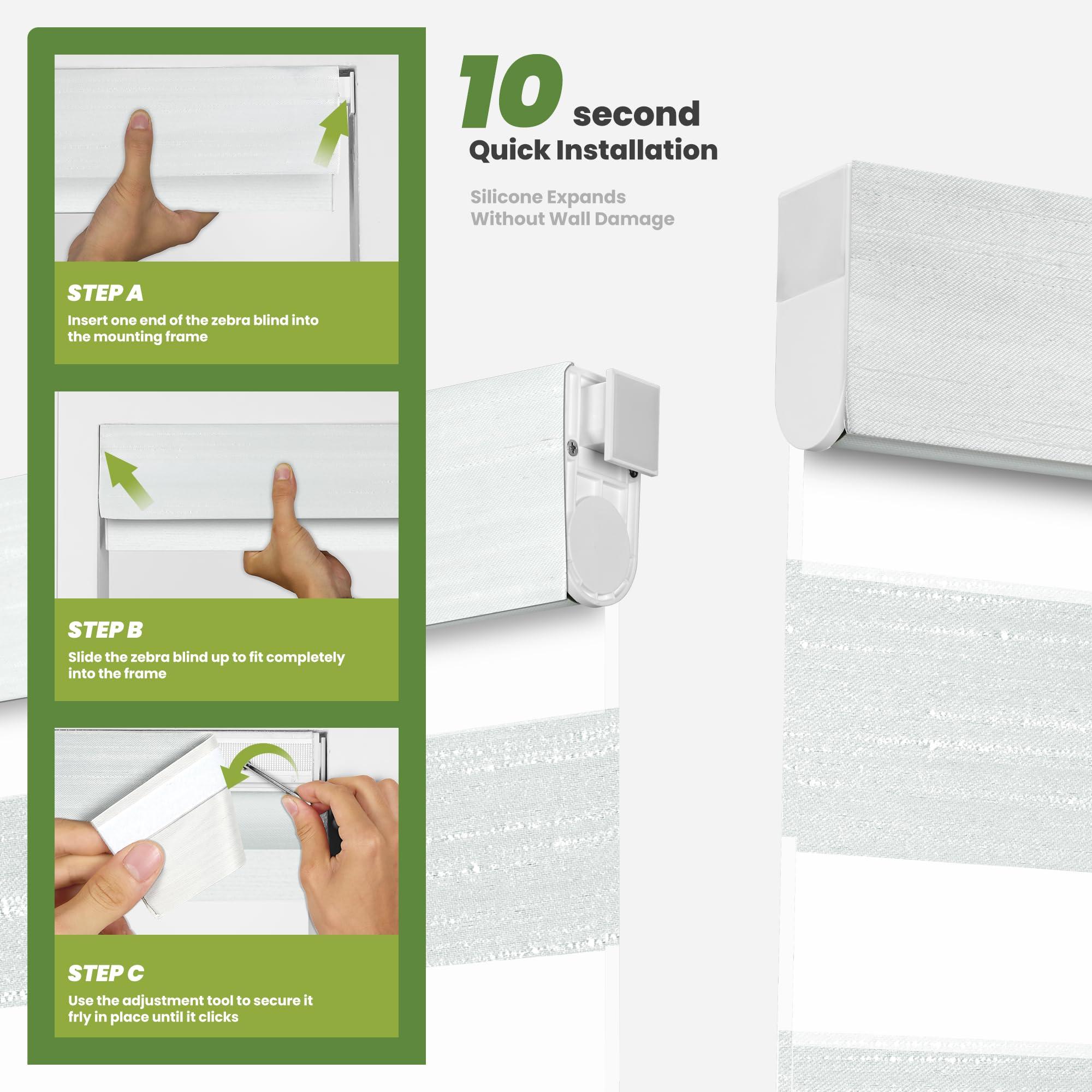 MoDanCeQ MoDanCeQ No Drill No Tools Cordless Dual Layer Zebra Blinds for Windows, Blackout Zebra Shade for Indoor Windows,Easy to Install Thermal Insulated Blinds, Silver White, 31.5" W x 64" H