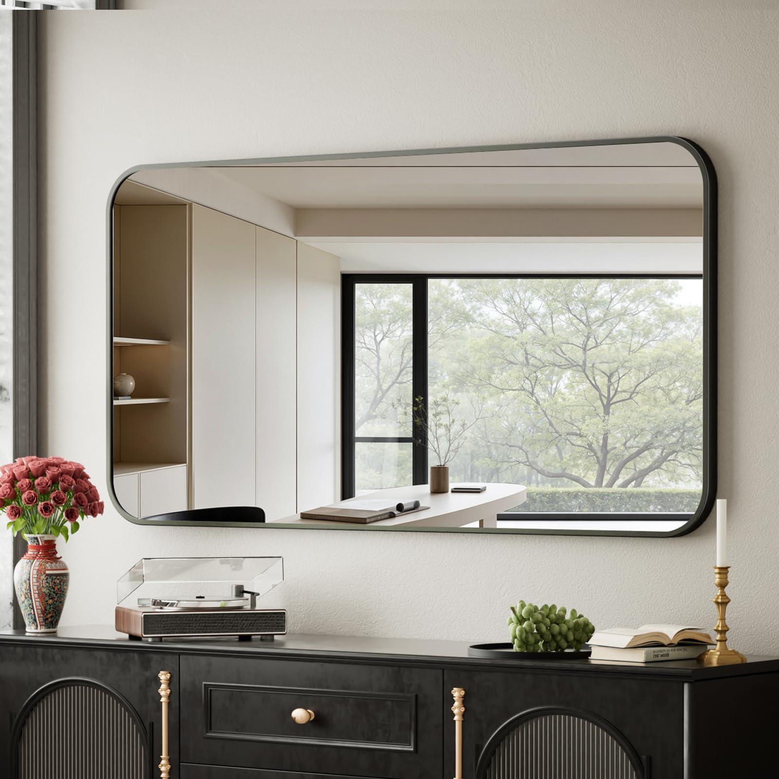 BEAUTYPEAK BEAUTYPEAK 26" x 38" Rectangular Aluminum Alloy Frame Wall Mounted Bathroom Mirror with Rounded Corners, Black