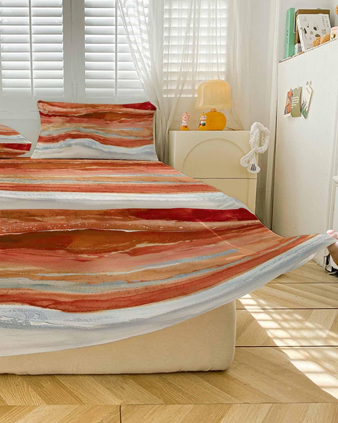 RisQiten RisQiten Burnt Orange Coastal Bed Skirt Sheet Set 1 Bed Sheet & 2 Pillowcases, Bed Skirt Cal King Size 18 Inch Drop, Summer Beach Nautical Abstract Art Wrap Around Bed Skirts, Bedding Skirt Bedspread