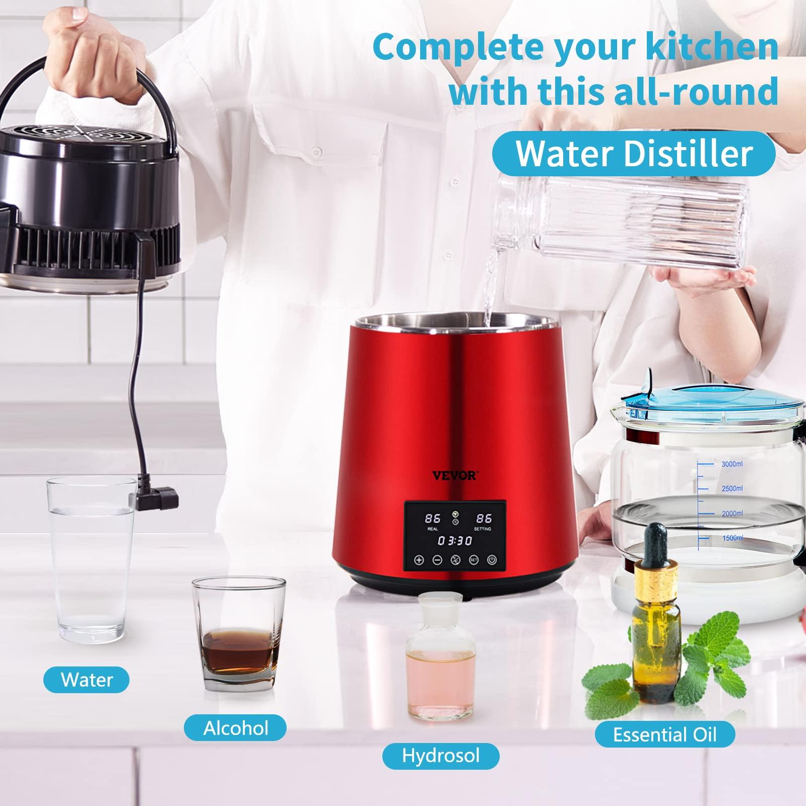 VEVOR VEVOR 1.1Gal Water Distiller, 0.3Gal/H, Distilled Water Maker Machine 750W 0-99H Timing Dual Temp Display, 304 Stainless Steel Countertop Distiller Glass Carafe Cleaning Powder 3 Carbon Packs, Red