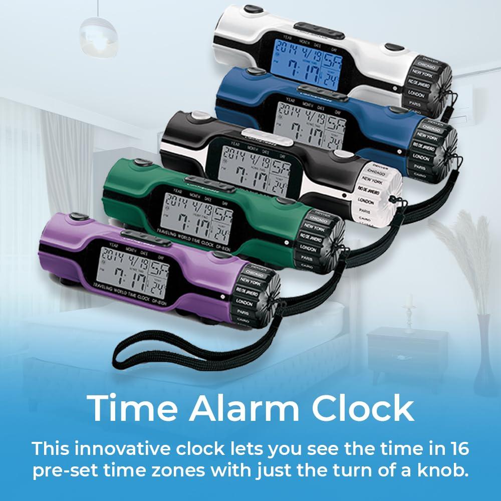 SAGEFINDS SAGEFINDS World Time Alarm Clock | Calendar, Thermometer, Alarm, Timer, Flashlight | 16 Pre-Set Time Zones | Lightweight & Portable for Travel | Bright LED Display