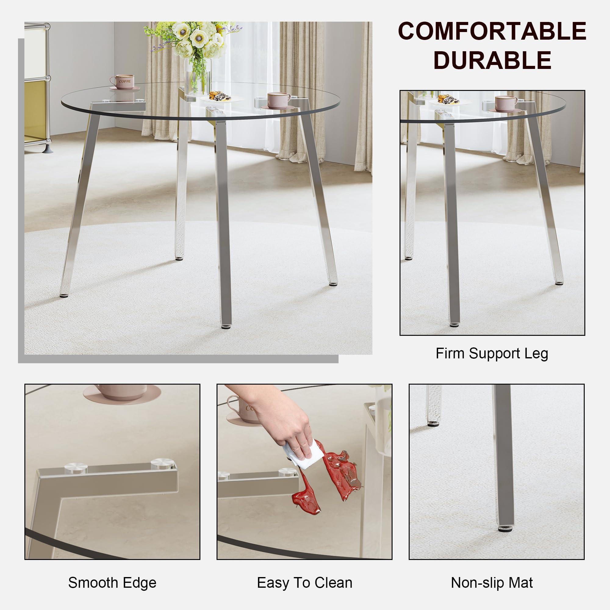 HAIZAO HAIZAO 42 inch Round Glass Dining Table Set for 4, 5 Piece Dining Table Set, Tempered Glass Tabletop with 4 Silver Metal Legs, White PU Faux Leather Chairs with Silver Metal Legs, for Dining Room