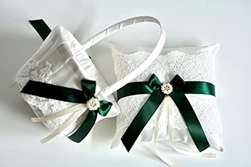 Alex Emotions Flower Girl Basket Hunter Green, Ring Bearer Pillow Ivory and Lace Flower Basket, Wedding Ring Pillow Wedding, wedding flower girl baskets (Off-White, 1 Pillow + 1 Basket)