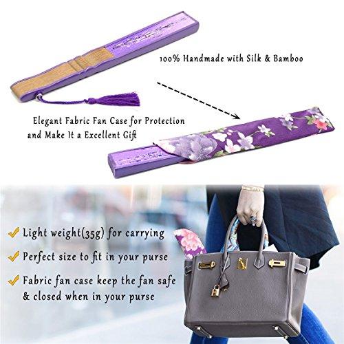 OMyTea OMyTea® 8.27"(21cm) Women Hand Held Silk Folding Fans with Bamboo Frame - with a Fabric Sleeve for Protection for Gifts - Chinese/Japanese Style Butterflies & Morning Glory Flowers Pattern (Purple)