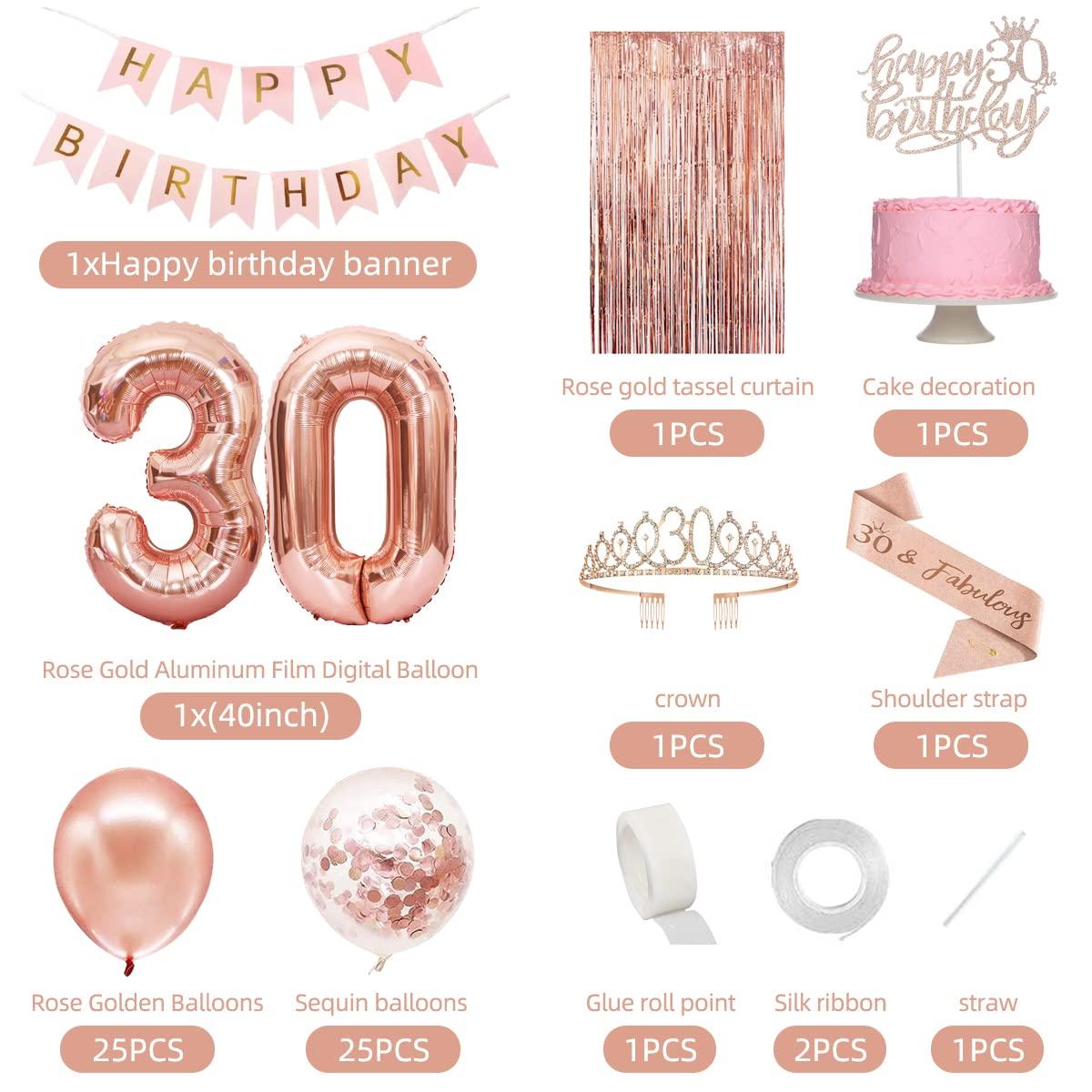 PopularLdo 30th Birthday Decorations for Her, Happy 30th Birthday Banner, Crown, Sash, Cake Topper and Number Balloon, Rose Gold 30th Birthday Party Decorations for Women