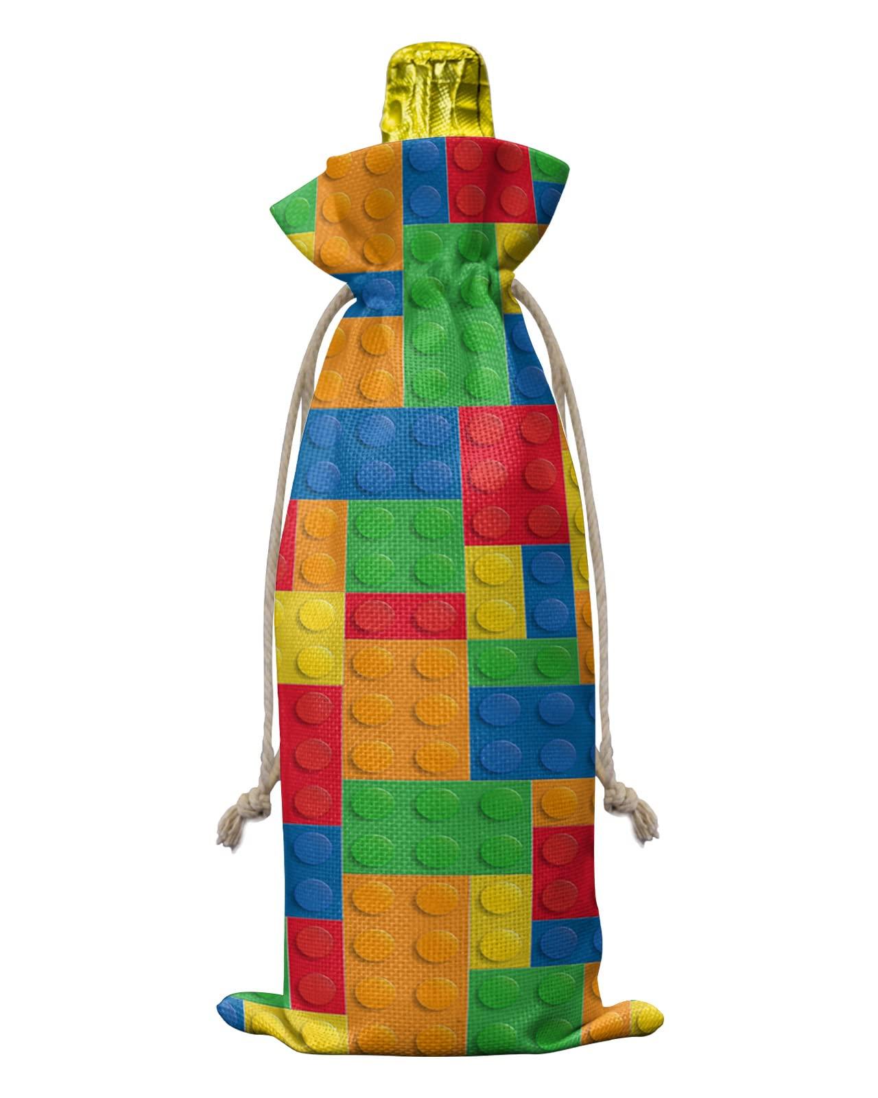 PIEPLE PIEPLE 10 Pack Wine Bottle Bags, Colorful Geometric Wine Bottle Cover with Drawstring, Gift Bag for Champagne, Wedding, Birthday, Christmas, Thanksgiving, Party Blue Orange Red Yellow Building Blocks