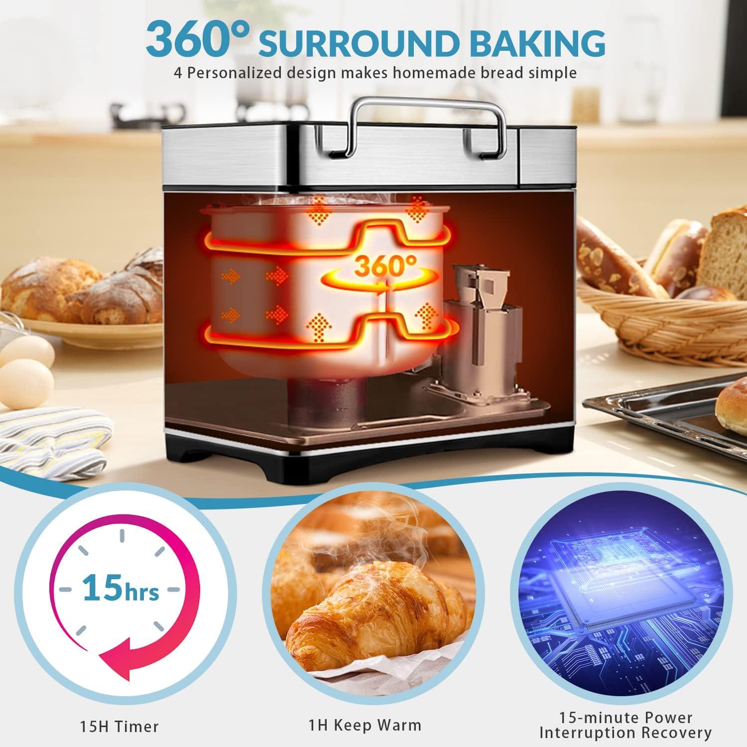 KEEPEEZ 17-IN-1 All Stainless Steel Bread Maker, 2LB Bread Machine BPA-Free Non-Stick 5-Layer Superior Die-Cast Ceramic Pan, Auto Fruit Nut Dispenser, 2 Paddles & Full Touch Panel,15H Timer&Keep Warm, Recipes