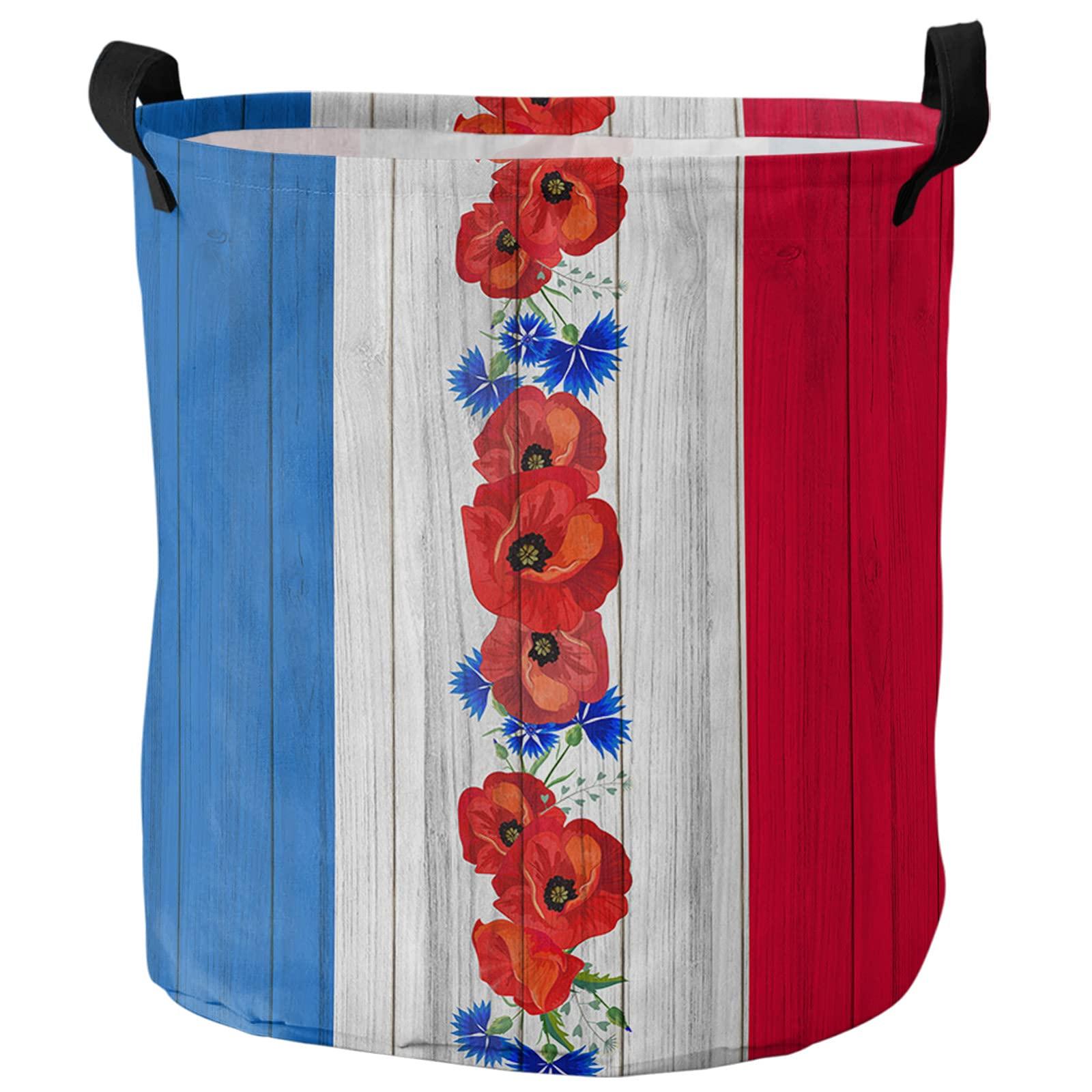 ZOE STORE Blue White Red Line American Independence Floral Large Laundry Basket, Waterproof Laundry Hamper for Clothes, Retro Wooden Poppies Blue Cornflowers Foldable Laundry Baskets, 16.5\'\'x17\'\'