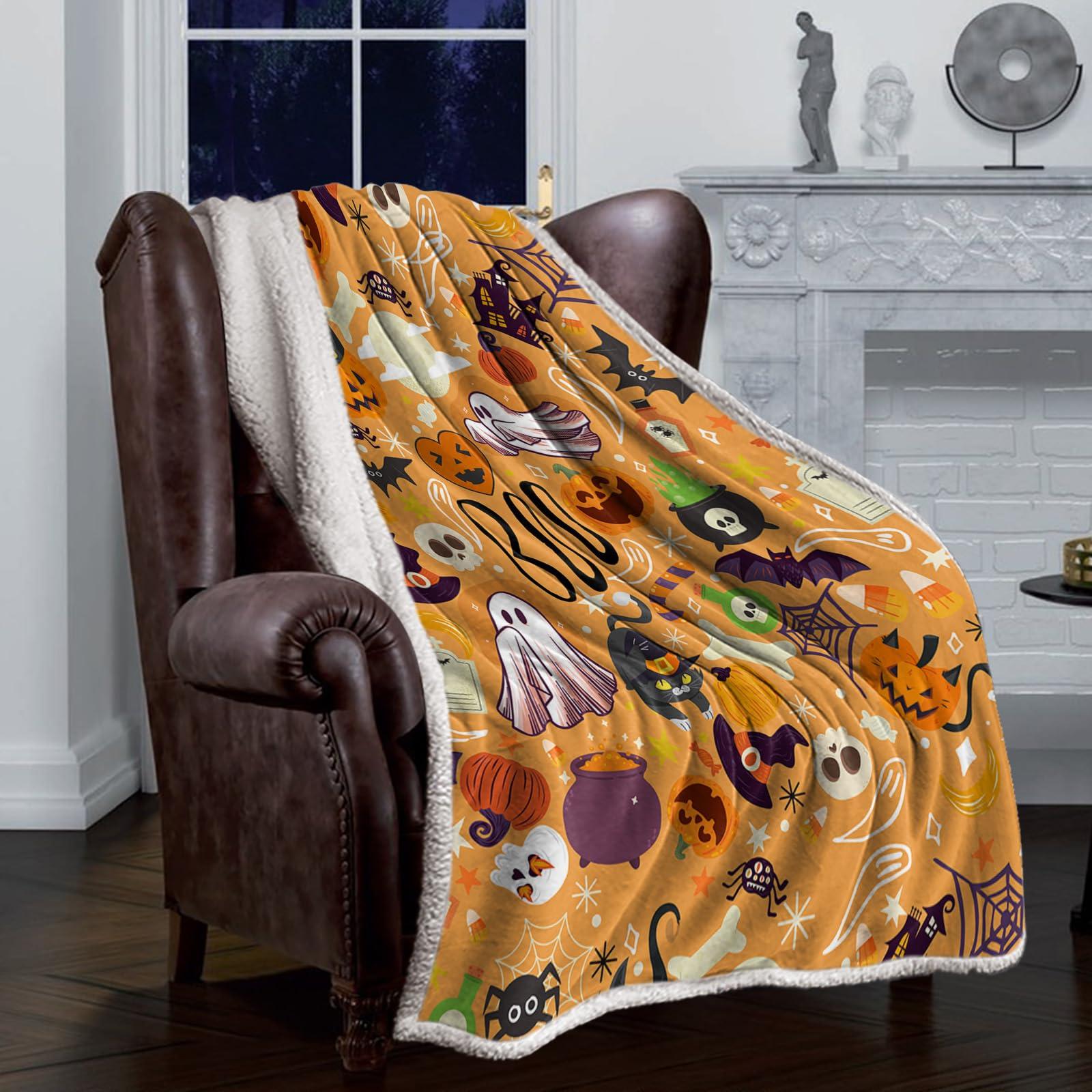 Sabolny Sabolny Halloween Sherpa Throw Blankets for Bed Couch Sofa, Soft Reversible Plush Fluffy Fleece Fannel Blanket Throws Clearance Decorative in Winter Spooky Pumpkin Horror Ghost Skull Orange 49\"x59\"
