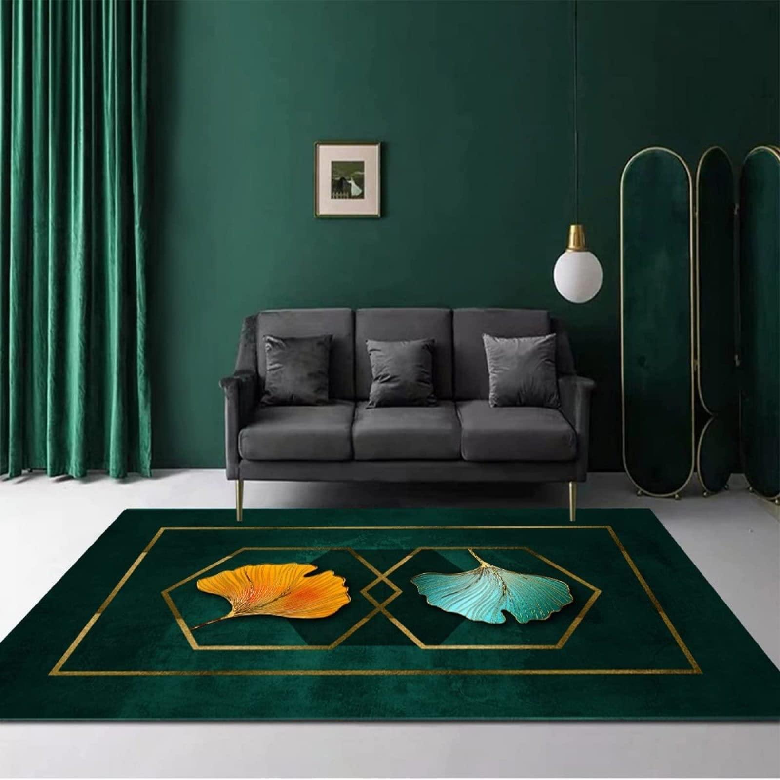 KeletiRug Modern Area Rug Blue Yellow Leaves Abstract Green Gold Pattern Designer Carpet Living Bedroom Dining Room Home Decorator Soft Non-Slip Large Home Floor Carpet 78" x 118"