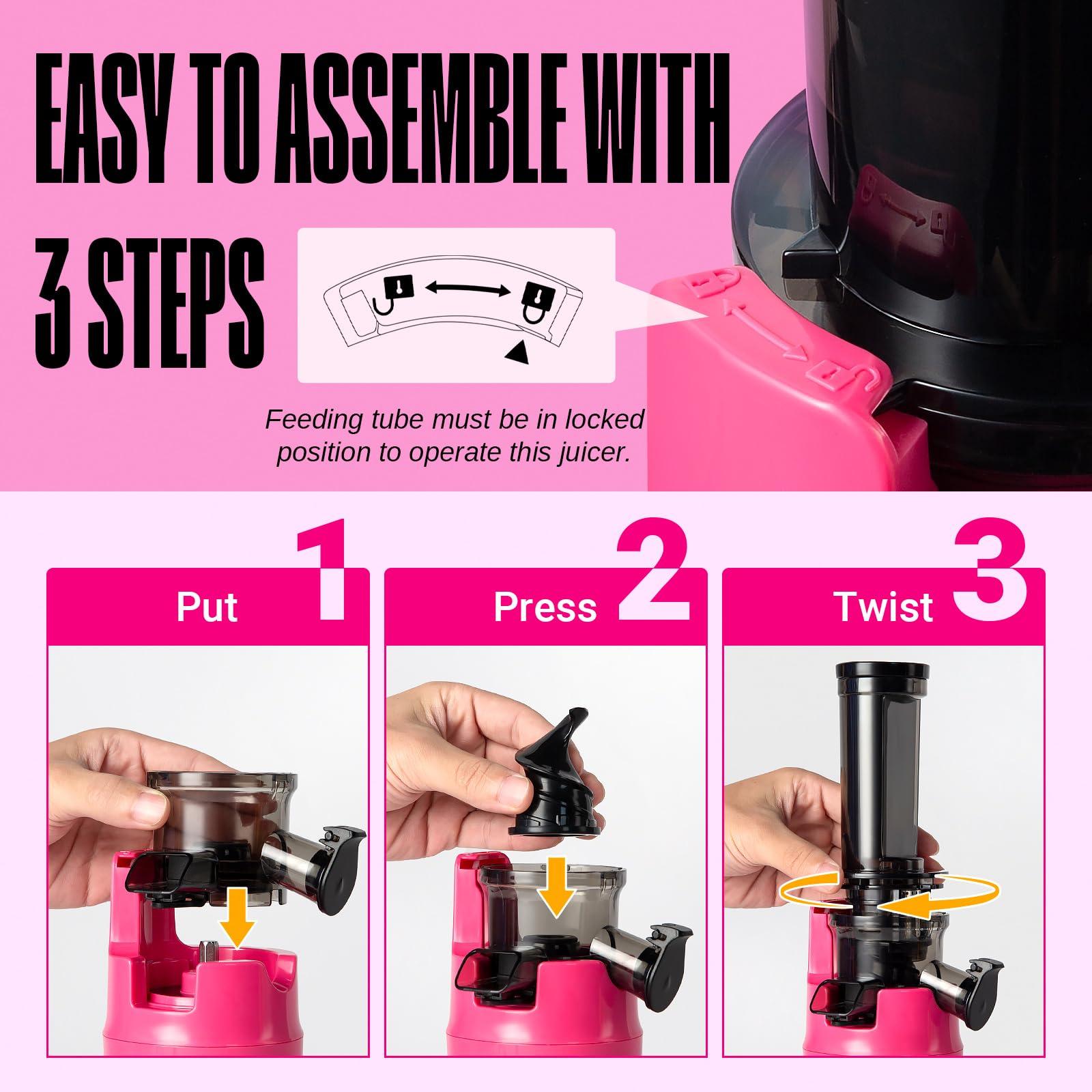 Ventray Ventray Ginnie Mini Cold Press Juicer, Small Slow Masticating Juicer for Vegetables Fruits, High Juice Yield, Easy to Clean, Space-Saving, Fit for Personal/Travel/Picnic/Office - Pink