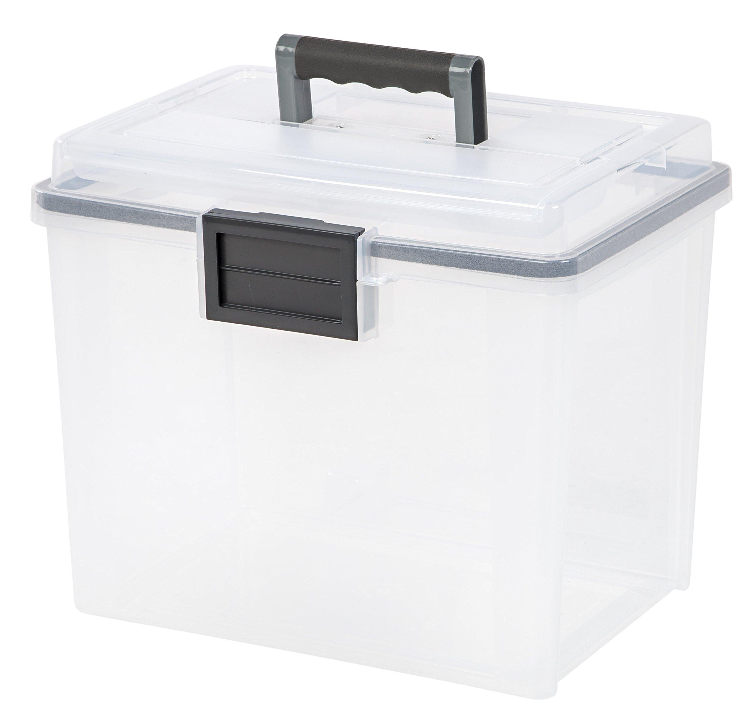 IRIS USA, Inc. IRIS USA File Box WeatherPro Portable File Organizer Plastic File Box for Letter File w/ Organizer-Lid, Durable Lid and Gasket Seal, Secure Latching Buckles, Stackable, Lockable, Clear 19 Qt. 4 Pack