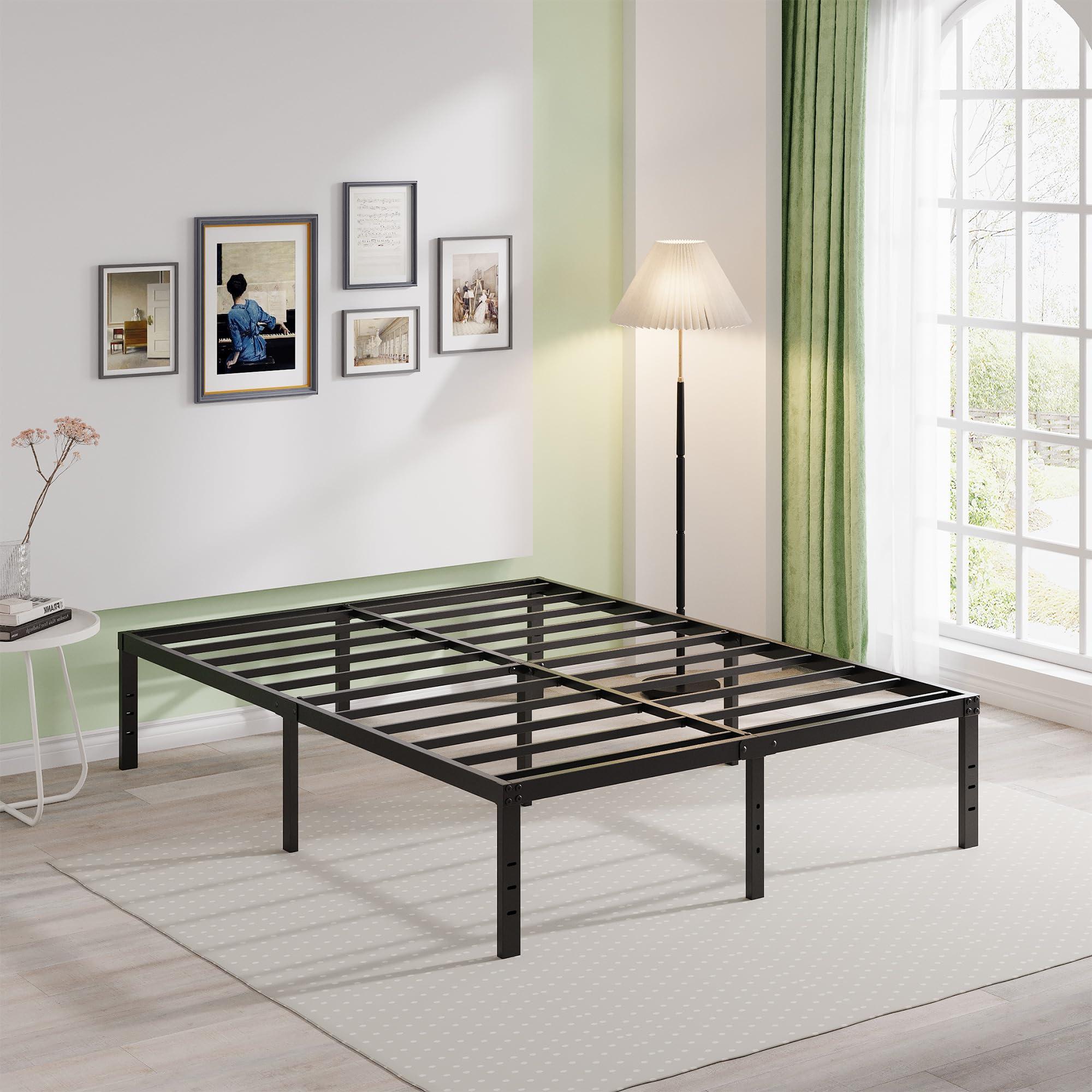 EMODA EMODA Queen Bed Frame No Box Spring Needed 18 Inch Heavy Duty Metal Tall Platform Bed Frame Queen Size with Large Storage Space, Easy Assembly, Black