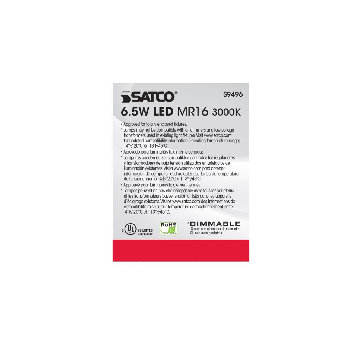 Satco Satco Lighting S9496-6.5 Watt Dimmable MR16 Low Voltage LED Light Bulbs - 3000K - 40 Degree Beam Angle - GU5.3 Base - 12 Volt AC/DC (6 Pack of Bulbs)