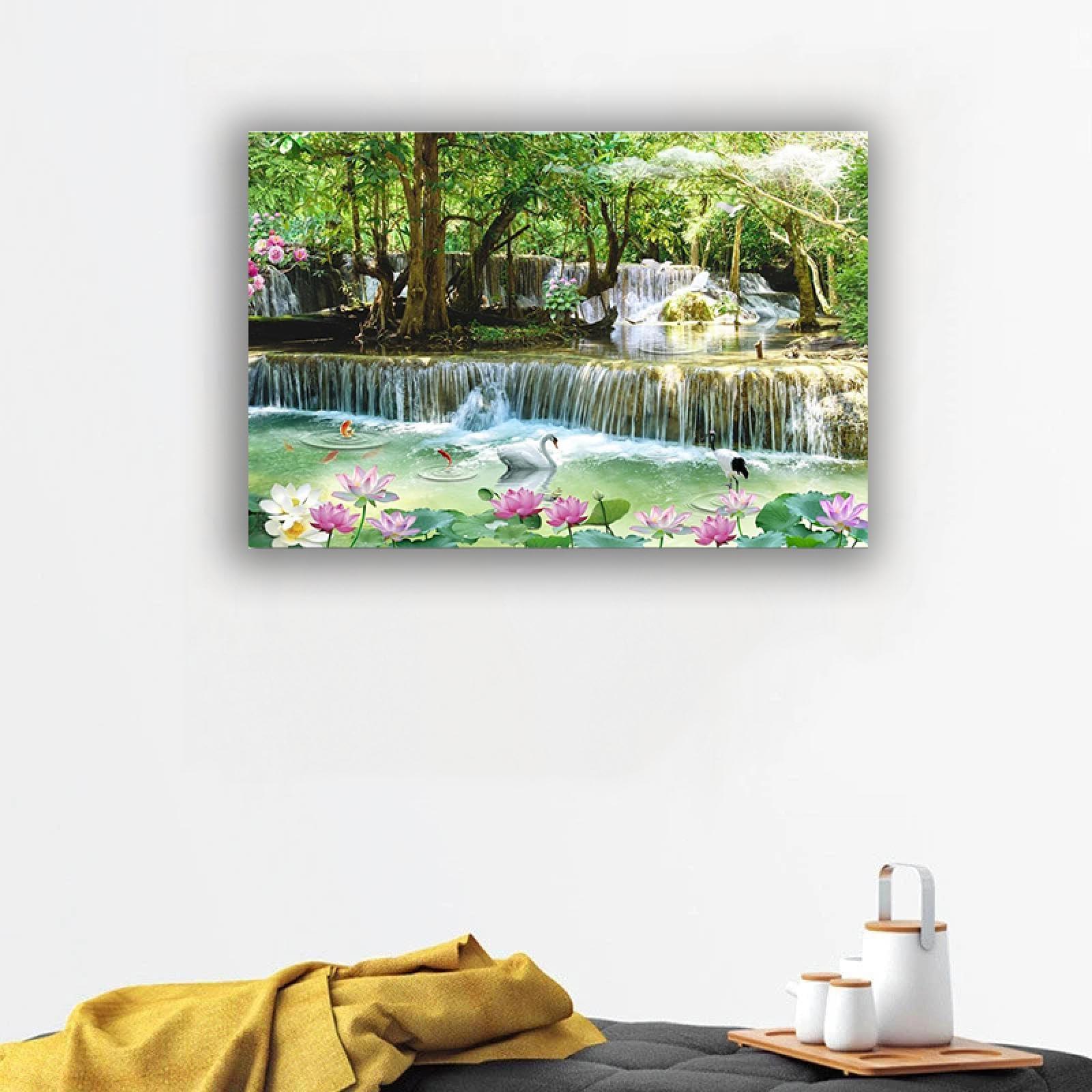 FITSEN Canvas Print Wall Art Feng Shui Nature Swan Crane Waterfall Landscape Painting Panoramic Picture Print On Canvas Modern Artwork for Walls Living Room 80x120cm Frameless