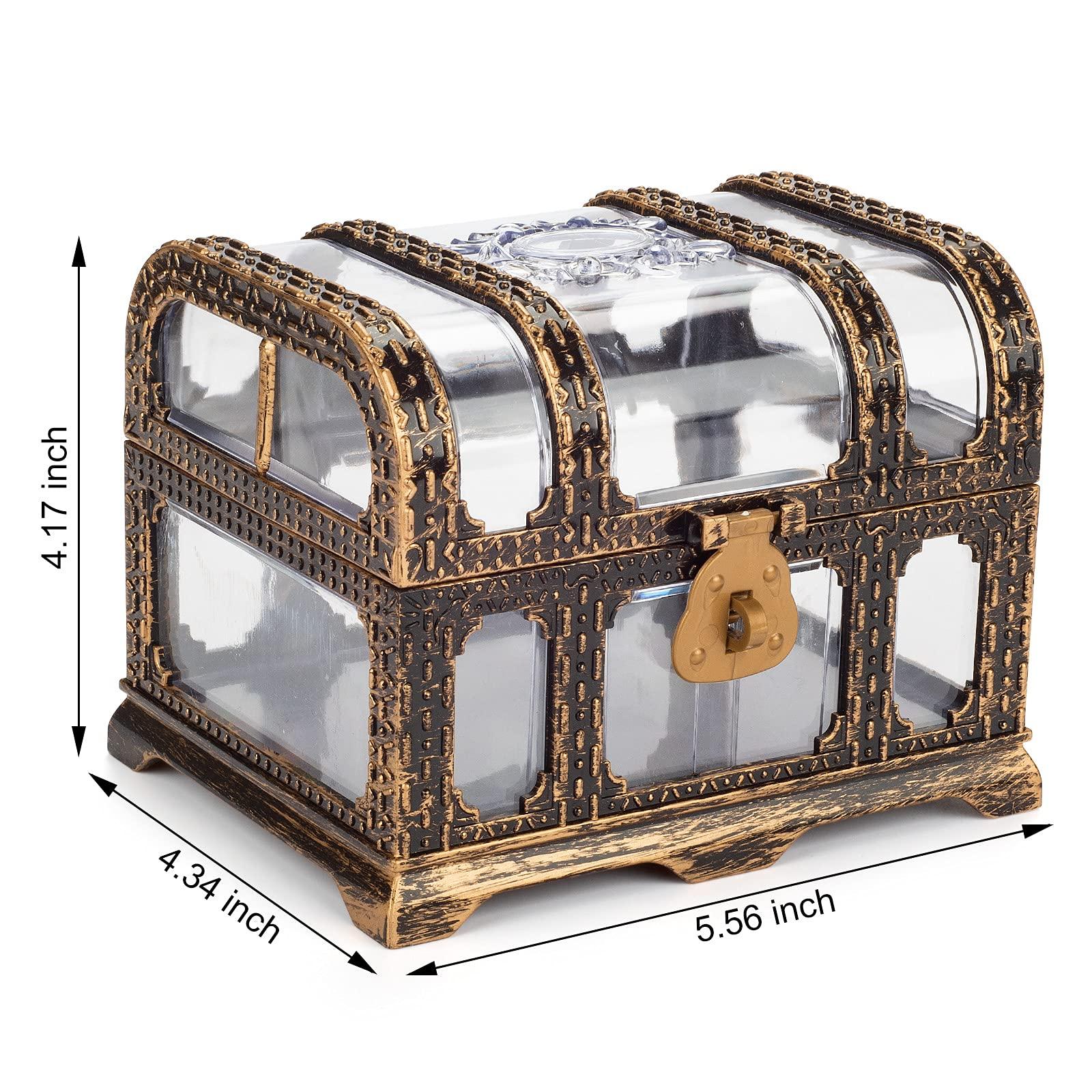 Pemalin Plastic Transparent Antique Pirate Treasure Box with Lock and Key, Treasure Toy Box Prizes for Kids, Pirate Party Decor