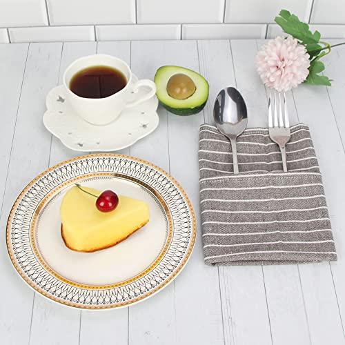 INFEI INFEI Brown Striped Linen Cotton Dinner Cloth Napkins - Set of 12 (40 x 30 cm) - for Events & Home Use (Brown)