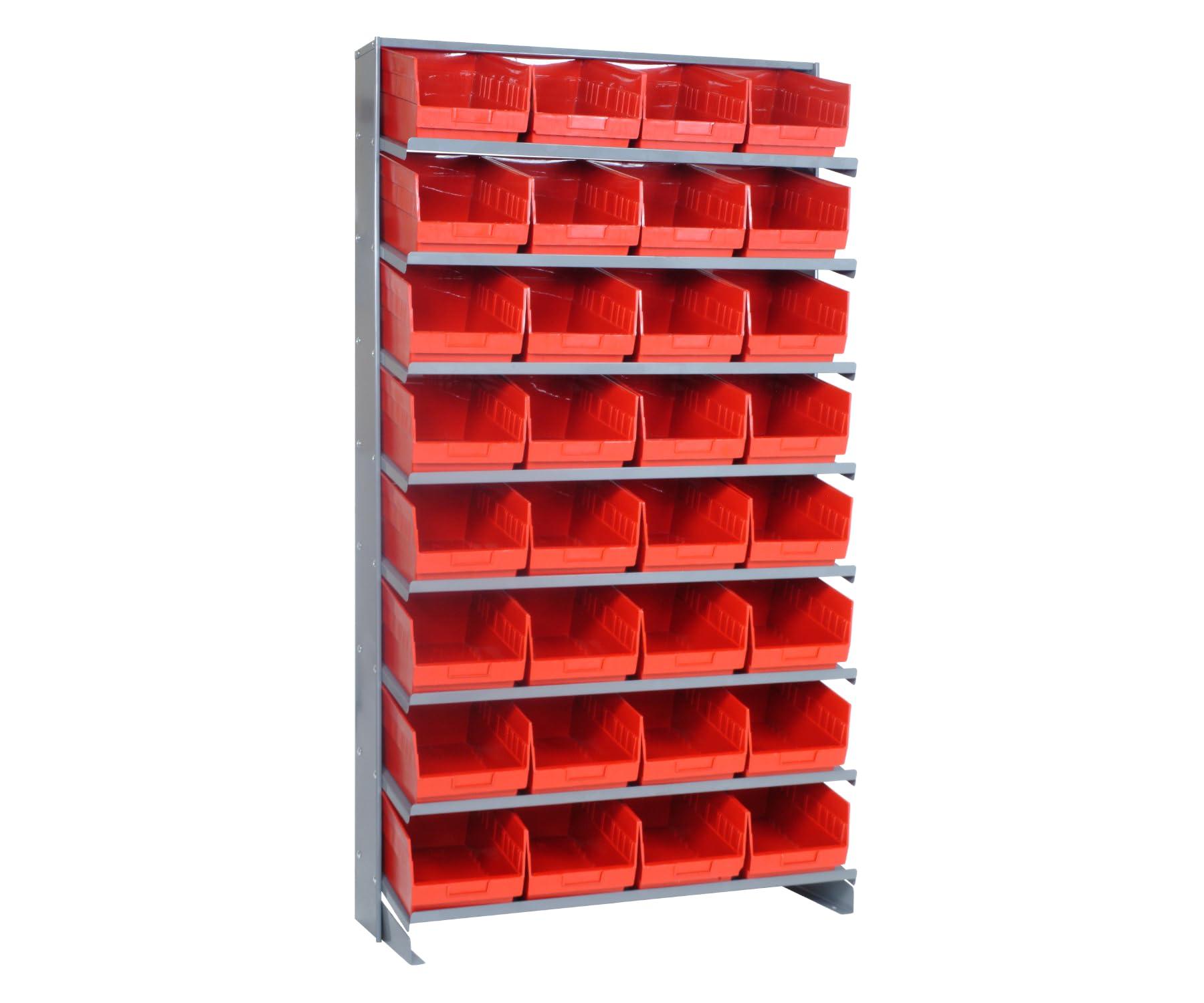 QUANTUM STORAGE SYSTEMS Quantum Storage Systems QPRS-208RD Solid Single Sided 8 Shelves 32 STORE-MORE Red Bins 64" H x 36" W x 18" D