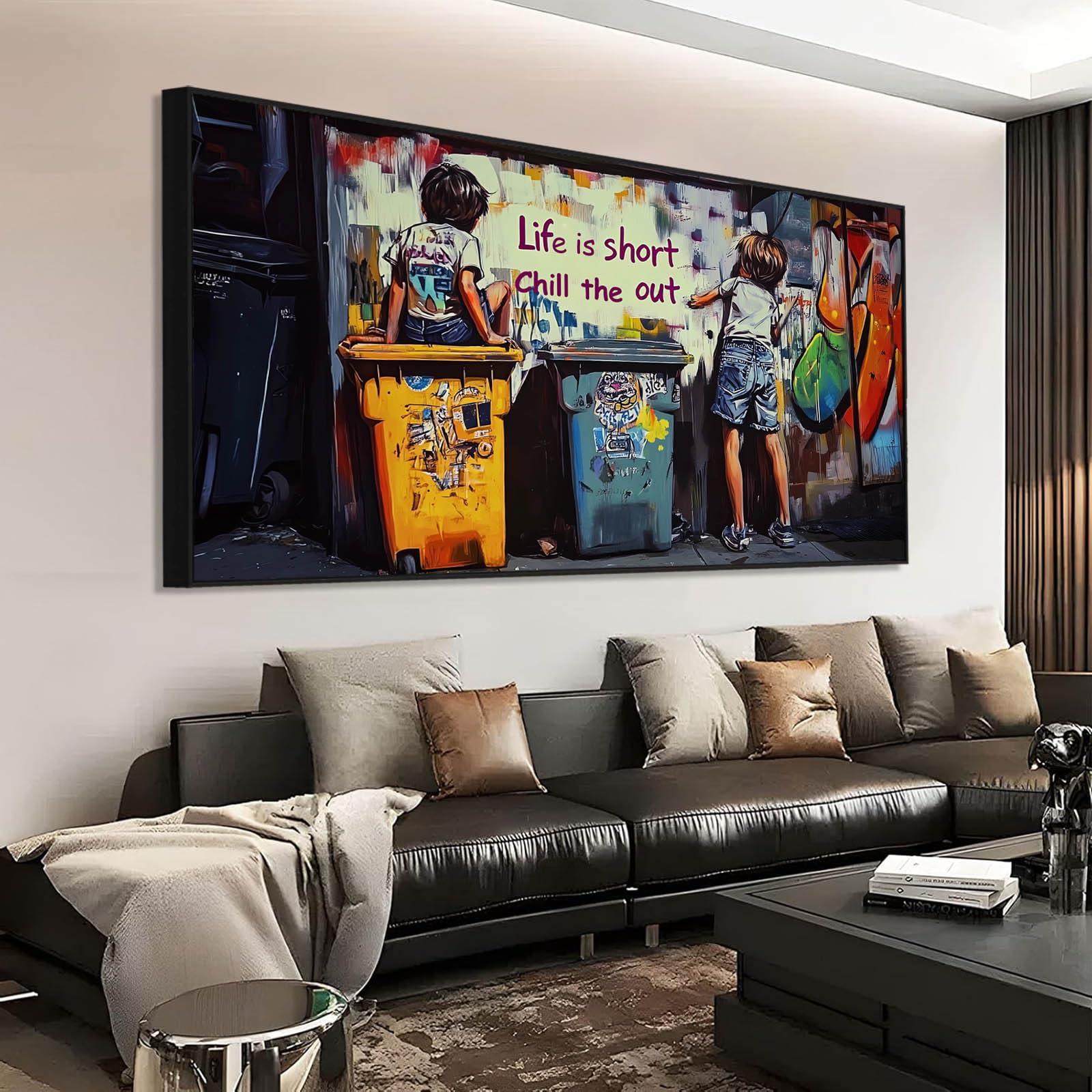 HOLECIC Banksy Canvas Wall Art, Banksy Art Wall Decor, Graffiti Canvas Wall Art, Banksy Two Boys, Life Is Short, Chill The Out, Street Art Wall Decor, Graffiti Painting, Urban Art, Home Decor (Gold Frame, 23\"x13\"|60x35cm)