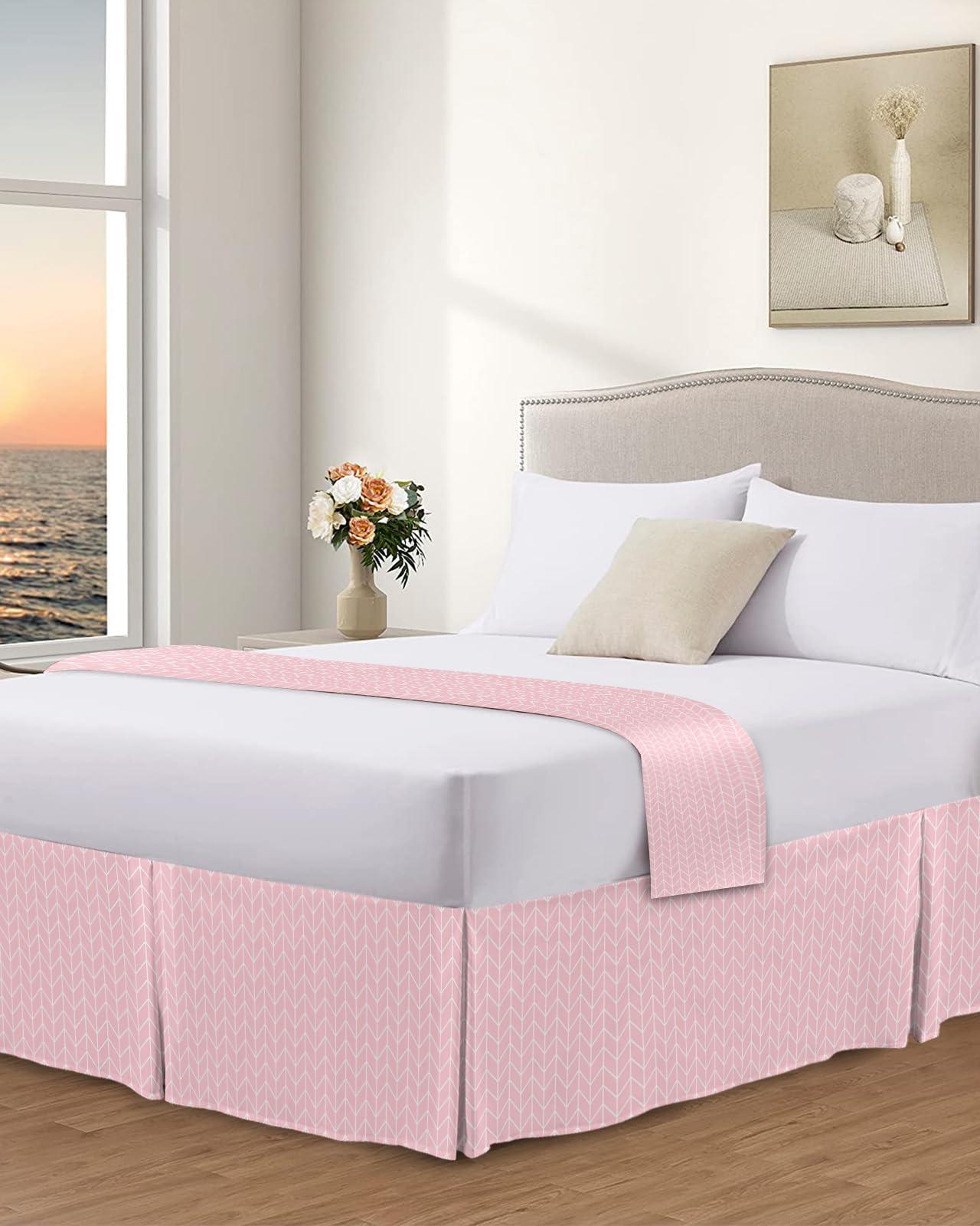 Sabolny Modern Pink Bed Skirt with Split Corners King Size 16" Drop, Tailored Dust Ruffle Bed Skirts Wrap Around Bedskirt Soft Cozy Bedding for Bedroom Hotel Contemporary Minimalist Geometric Stripe