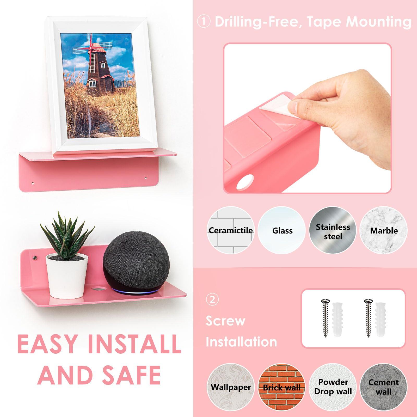 OAPRIRE OAPRIRE Pink Acrylic Floating Shelves Set of 2 - Easily Expand Wall Space - Small Wall Shelf with Strong Adhesive for Bedroom, Kids' Room, Bathroom, etc