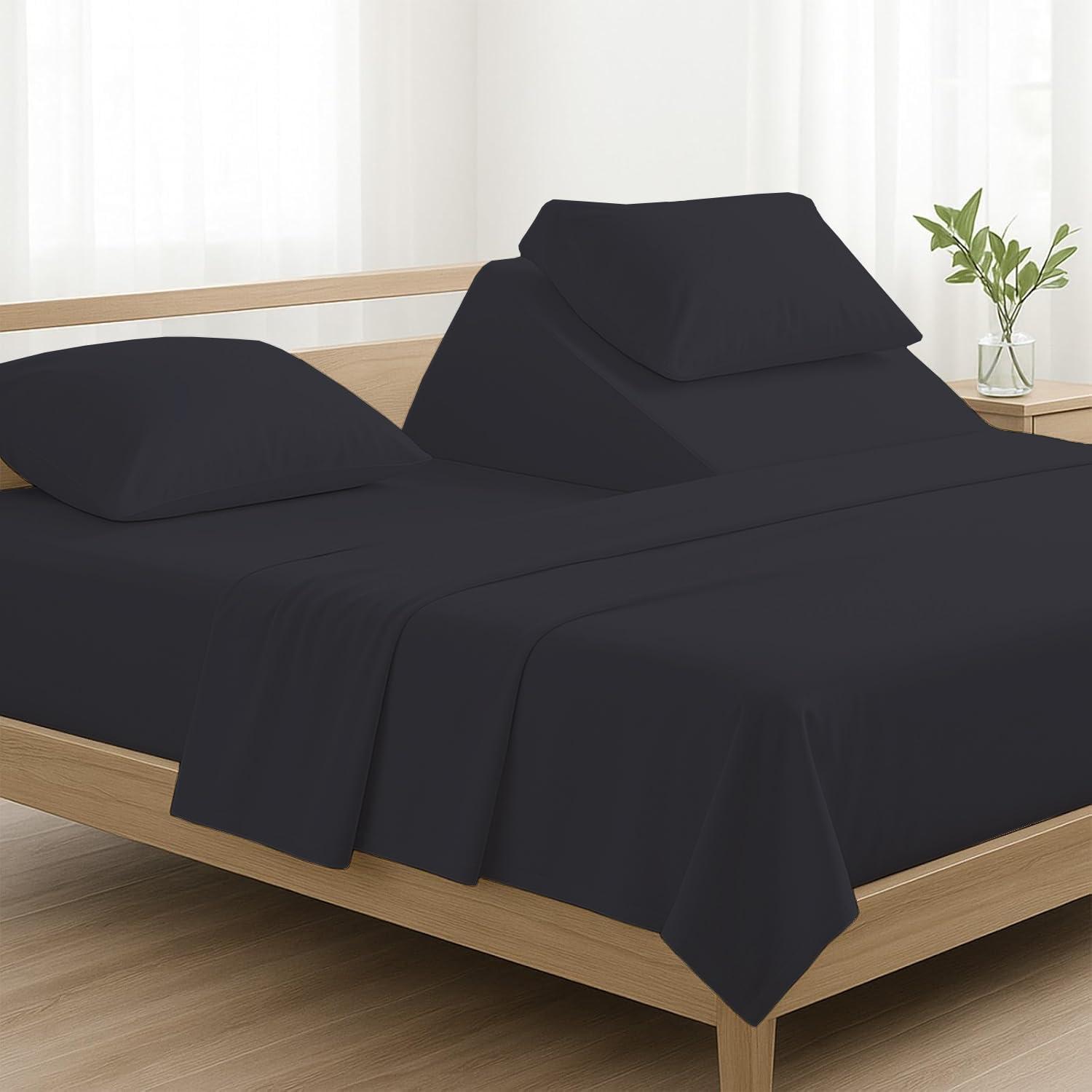 OnlineBestDeal\'s Split Top Queen (Adjustable, Flex Top Queen Size) 100% Egyptian Cotton 800 Thread Count 4Pcs Sheets for Sleep Number Bed, 15\" Inch Deep Pocket - Split Down 34 inches from The top - Black Solid