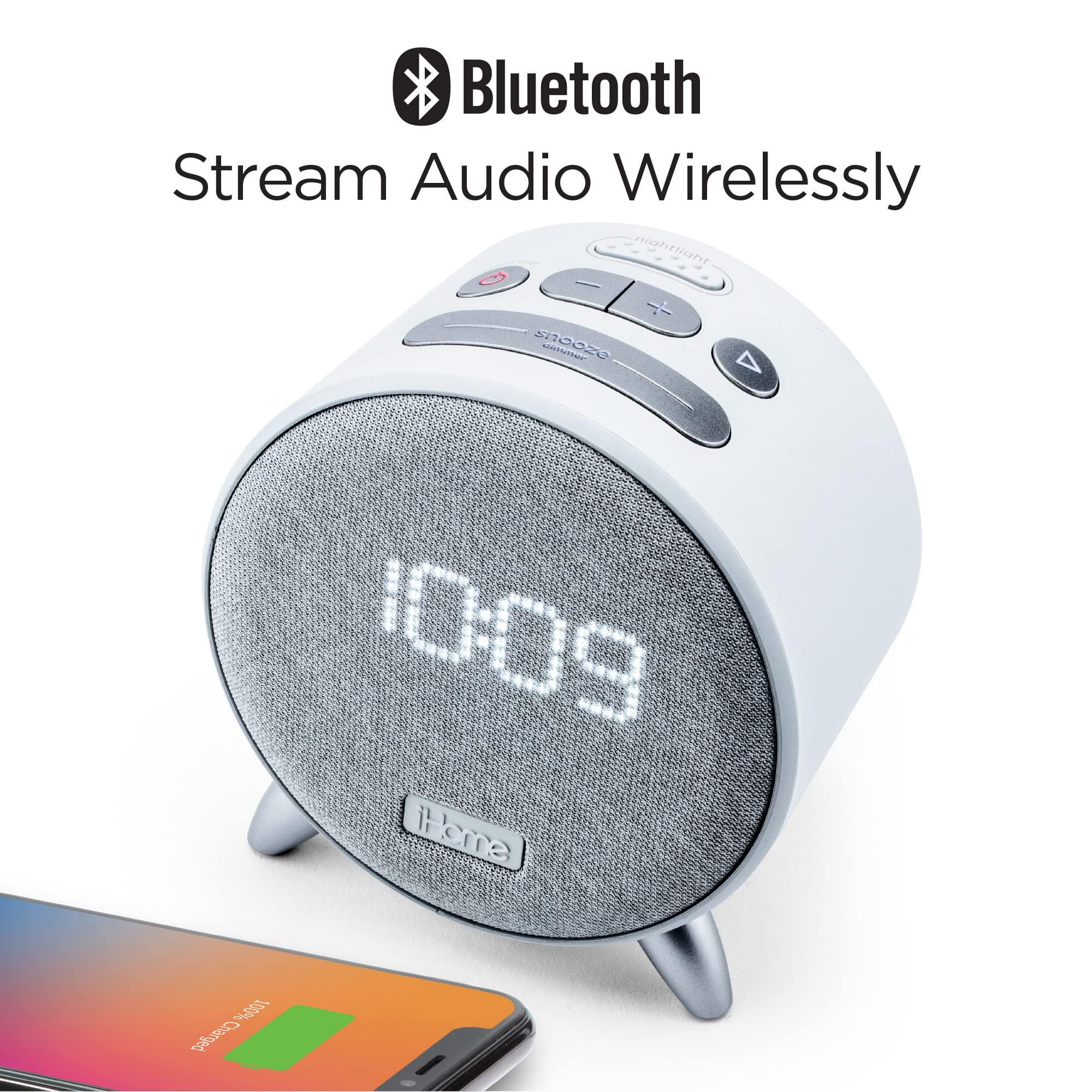 iHome iHome Bluetooth Alarm Clock with USB Charging and Ambient Night Light, Digital Alarm Clock for Bedroom, Home Office, or Dorm (IBT235V2W White)